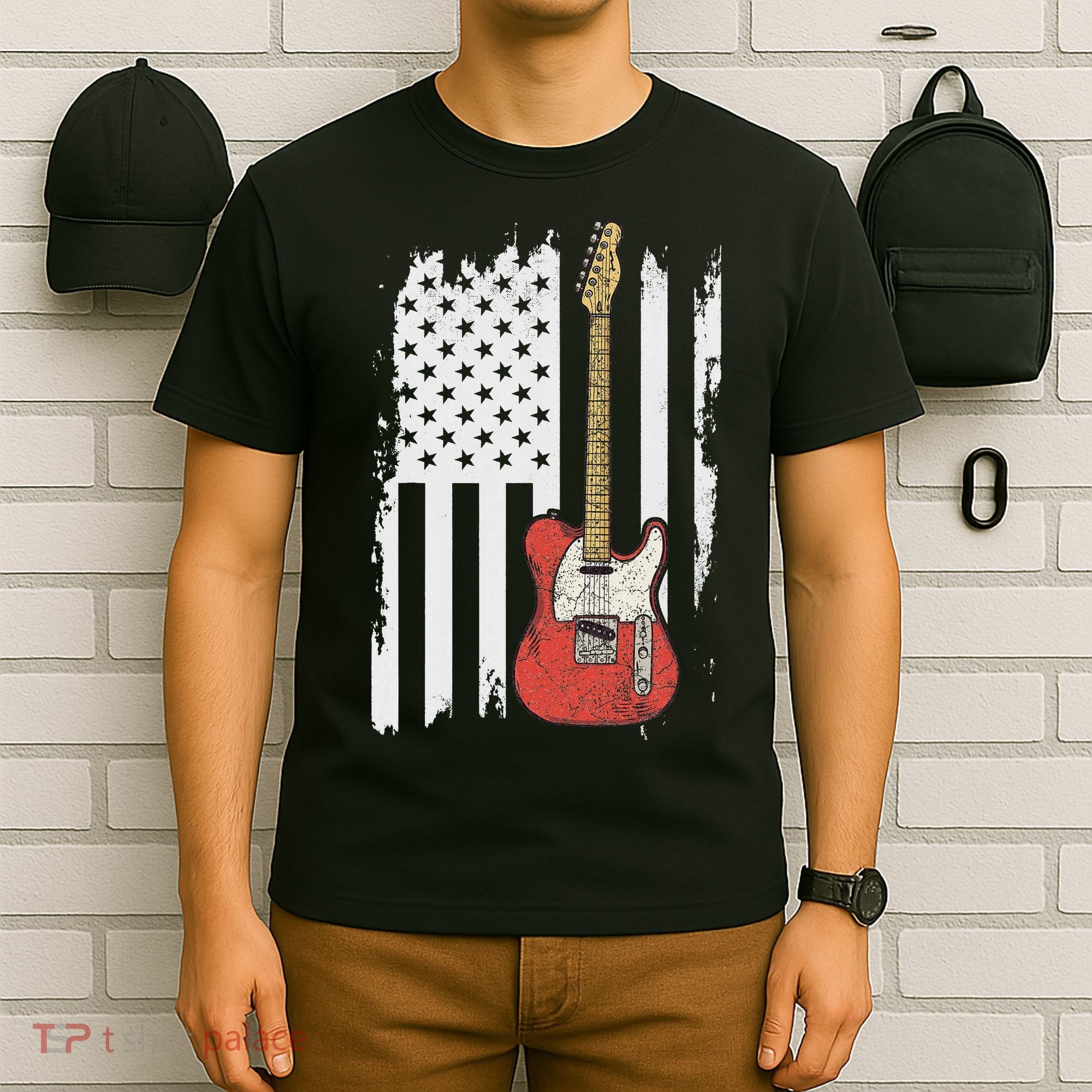 Lets Rock Rock N Roll Guitar Retro Usa Flag Music T-Shirt