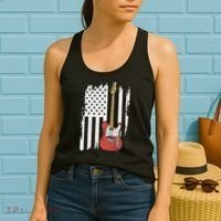 Lets Rock Rock N Roll Guitar Retro Usa Flag Music Women's Tank Top thumb 2