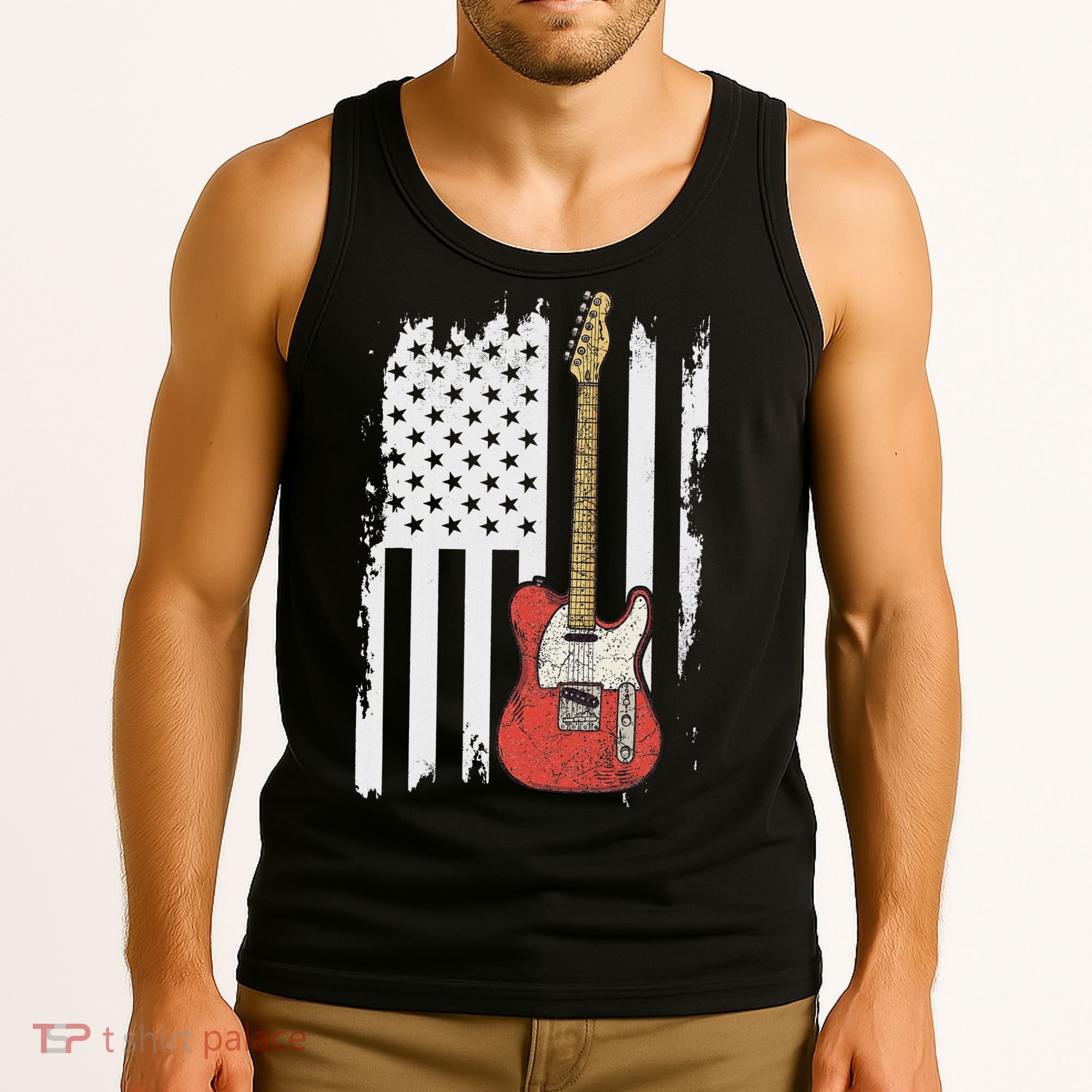 Lets Rock Rock N Roll Guitar Retro Usa Flag Music Tank Top