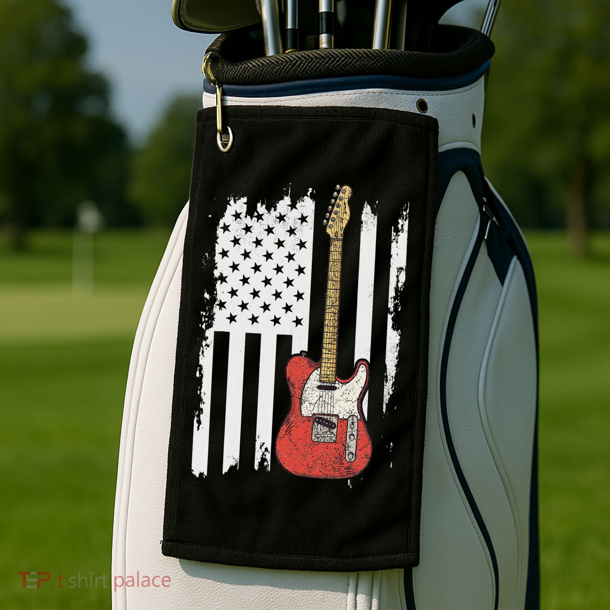 Lets Rock Rock N Roll Guitar Retro Usa Flag Music Golf Towel