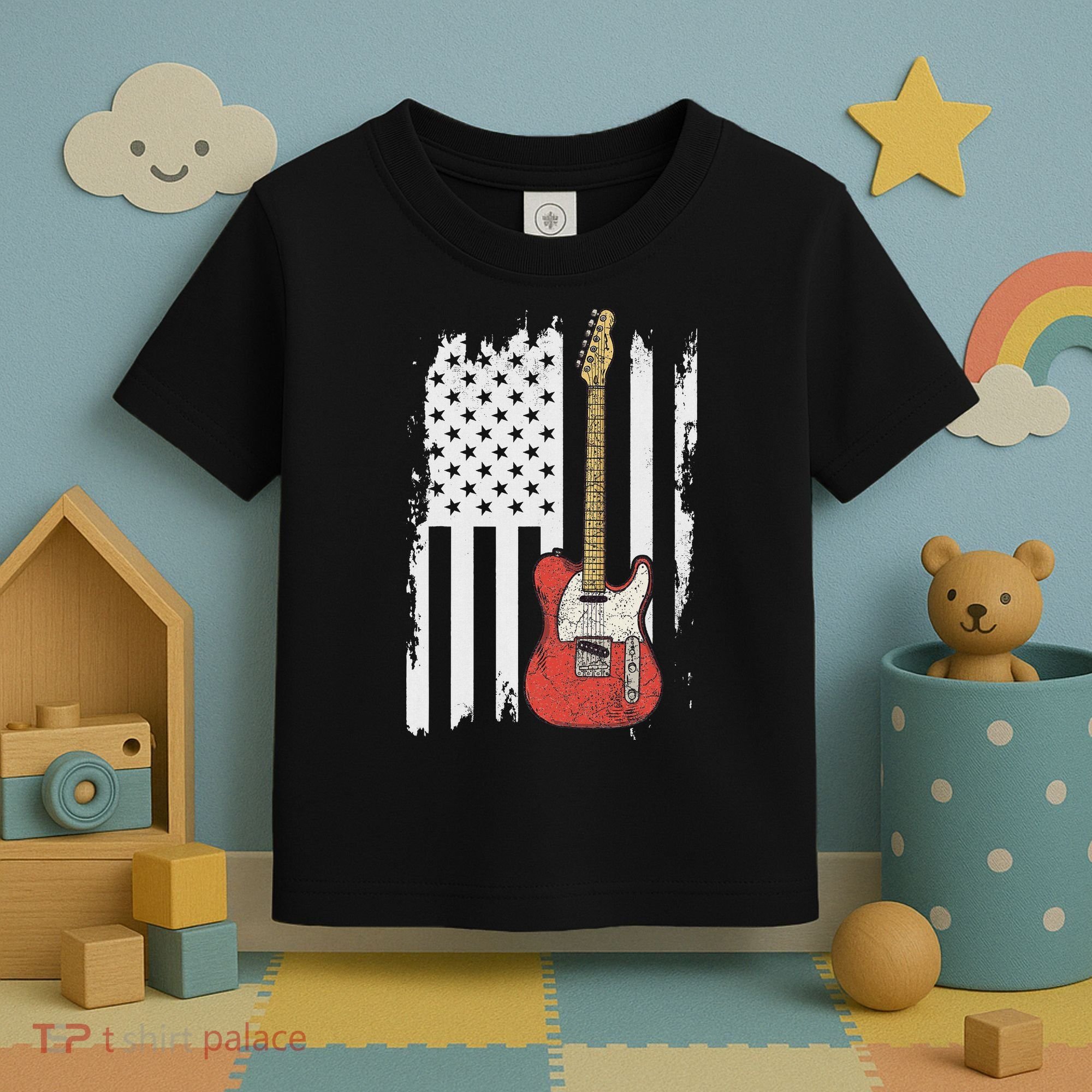 Lets Rock Rock N Roll Guitar Retro Usa Flag Music Toddler T-Shirt
