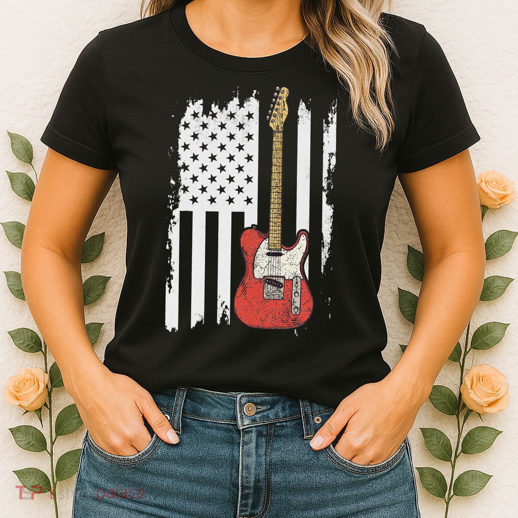 Lets Rock Rock N Roll Guitar Retro Usa Flag Music Women's T-Shirt