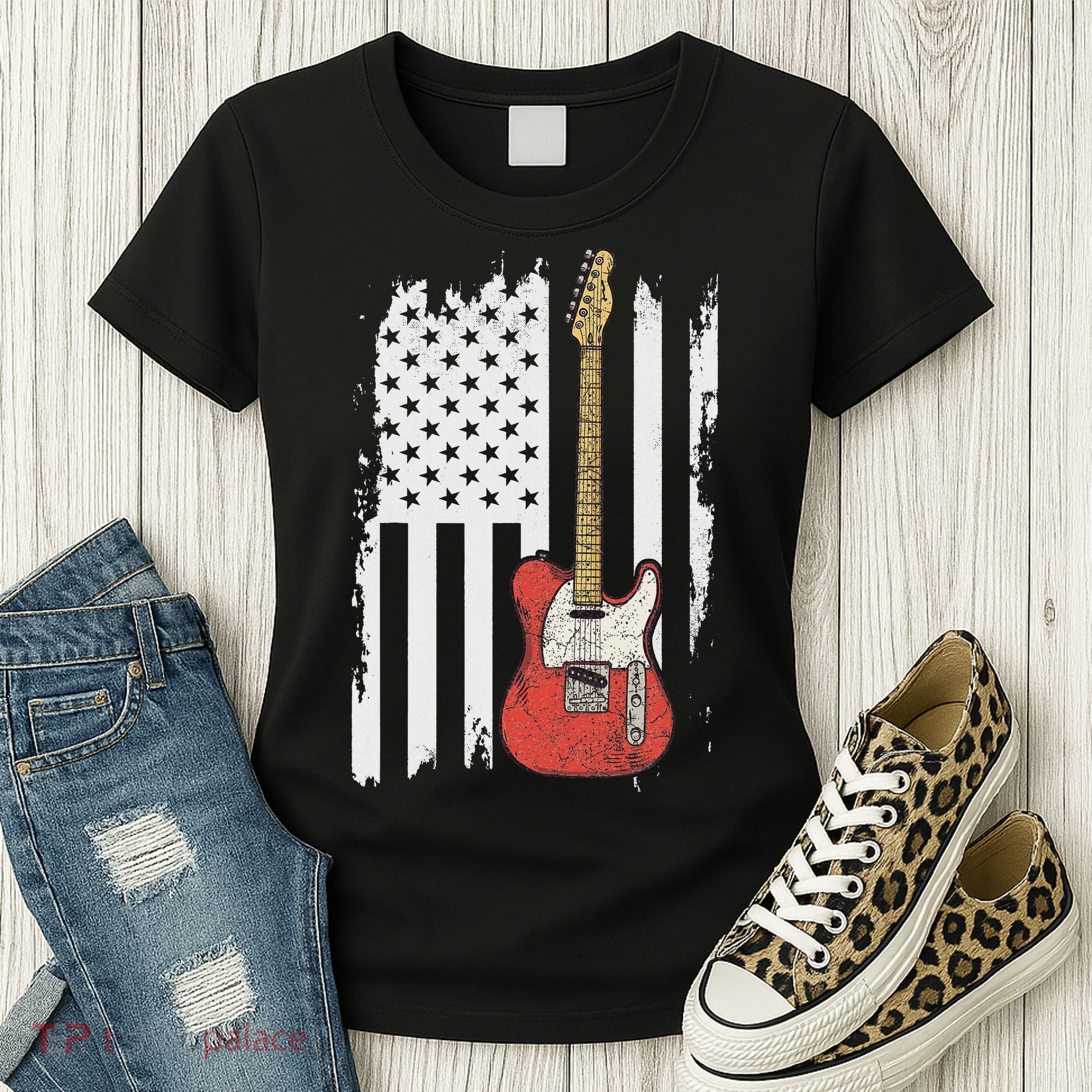Lets Rock Rock N Roll Guitar Retro Usa Flag Music Women's T-Shirt