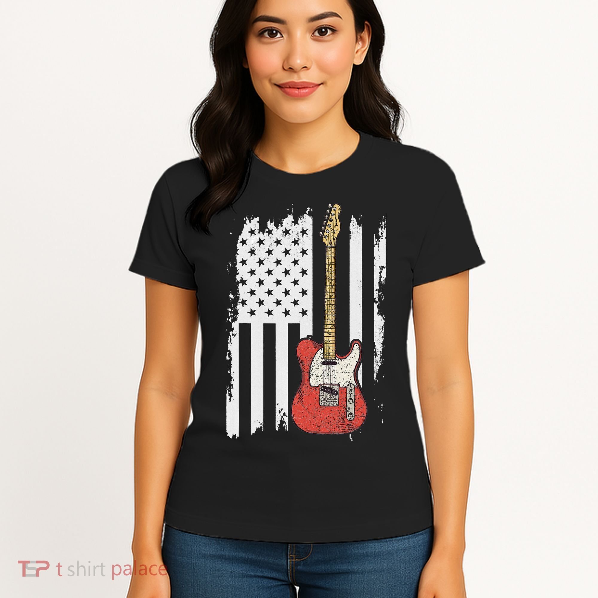 Lets Rock Rock N Roll Guitar Retro Usa Flag Music Women's T-Shirt