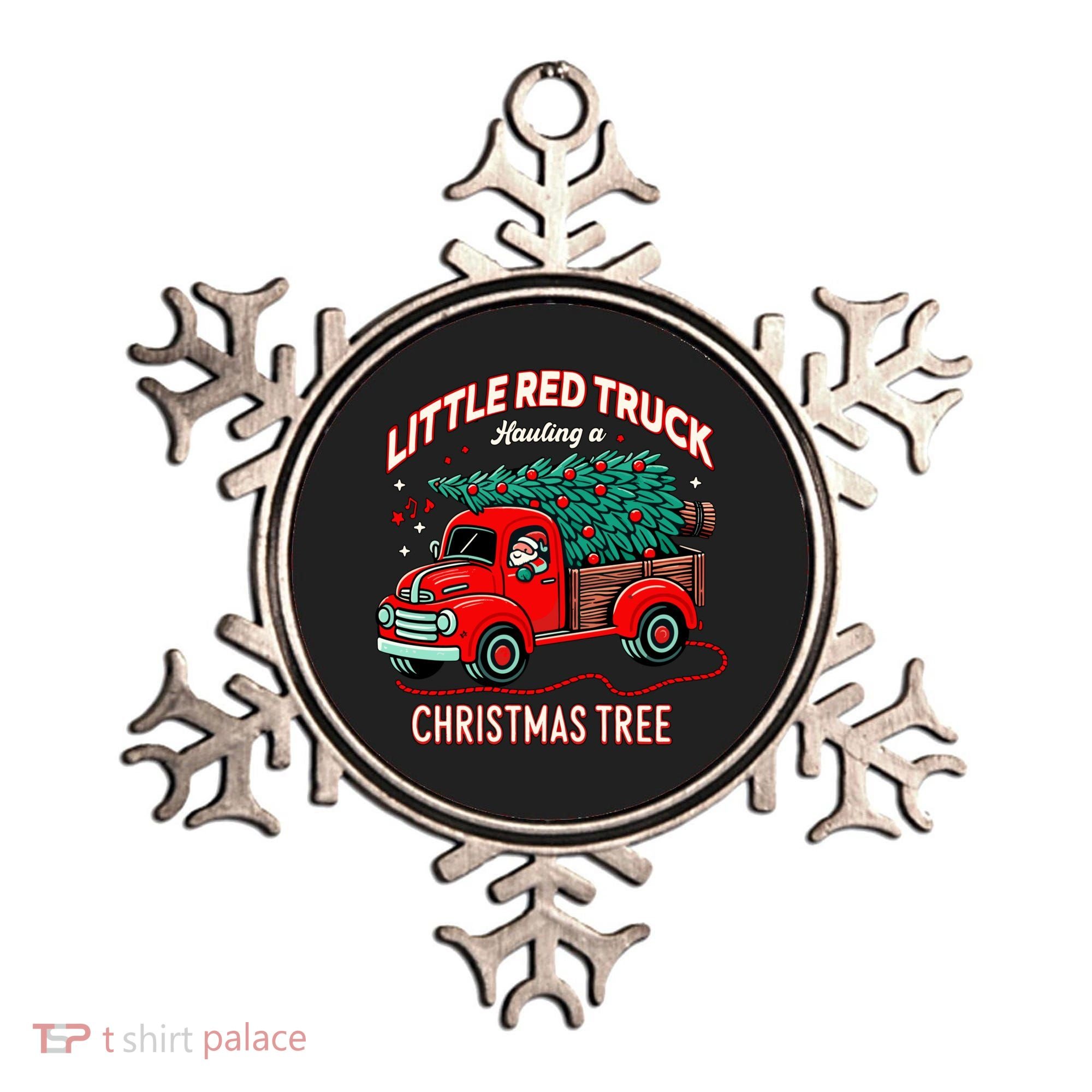 Little Red Truck Hauling A Christmas Tree Ornament