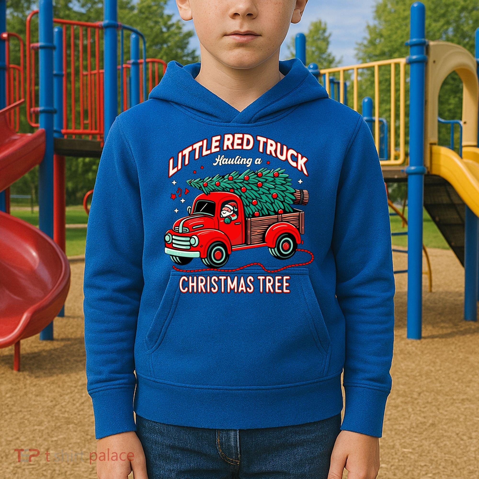 Little Red Truck Hauling A Christmas Tree Kids Hoodie