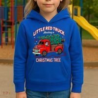 Little Red Truck Hauling A Christmas Tree Kids Hoodie thumb 3