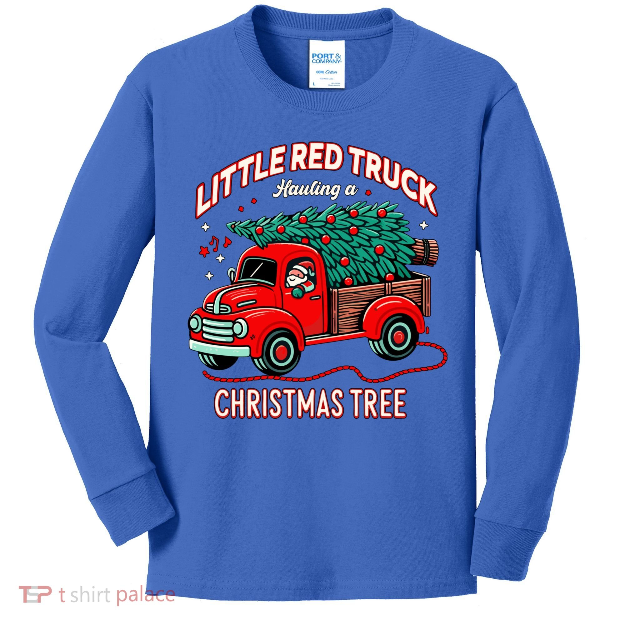 Little Red Truck Hauling A Christmas Tree Kids Long Sleeve Shirt
