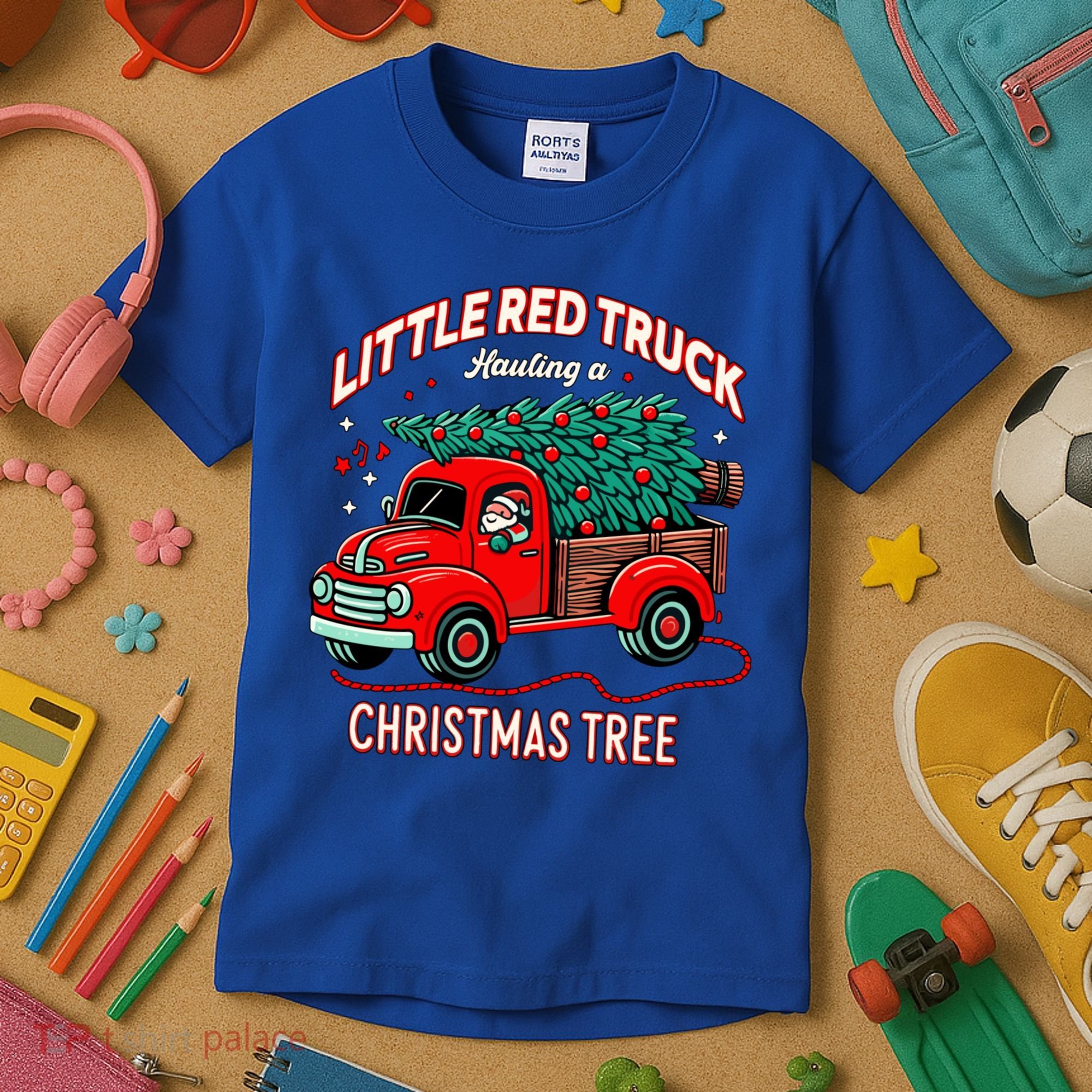 Little Red Truck Hauling A Christmas Tree Kids T-Shirt