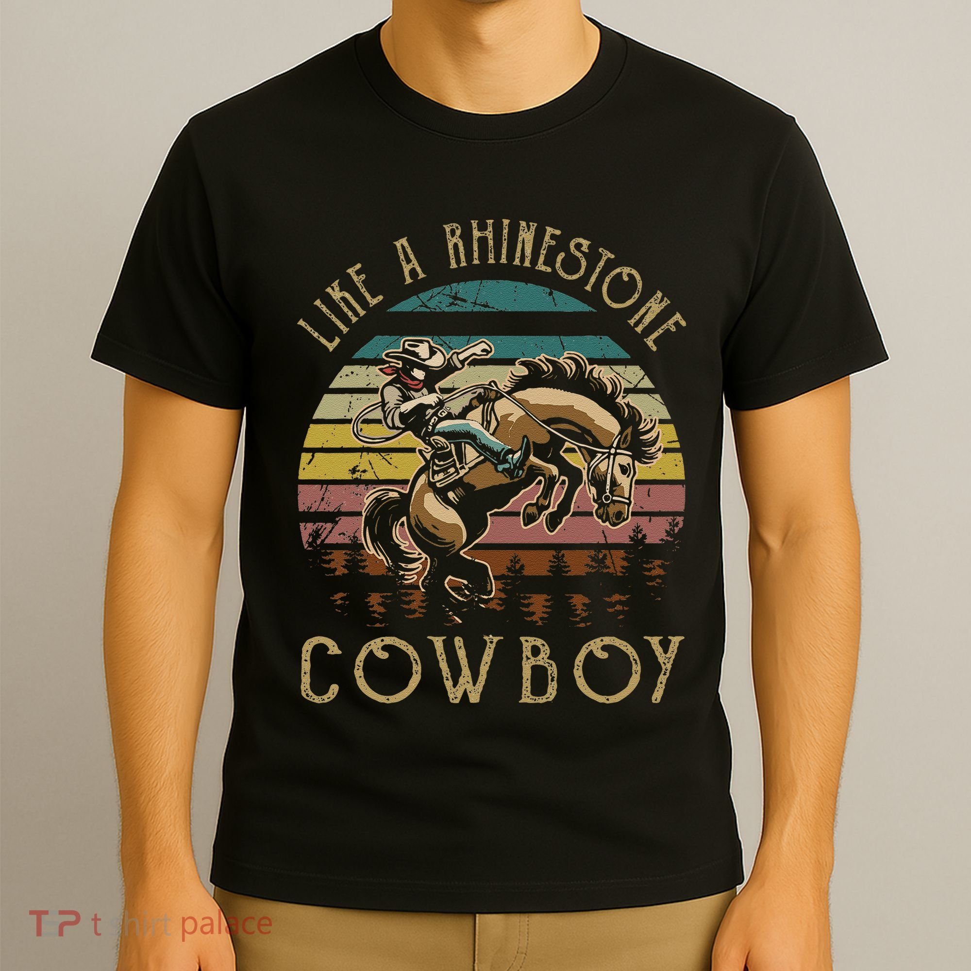 Like Rhinestones Vintage Art Western Horses Riding Cowboy Gift T-Shirt