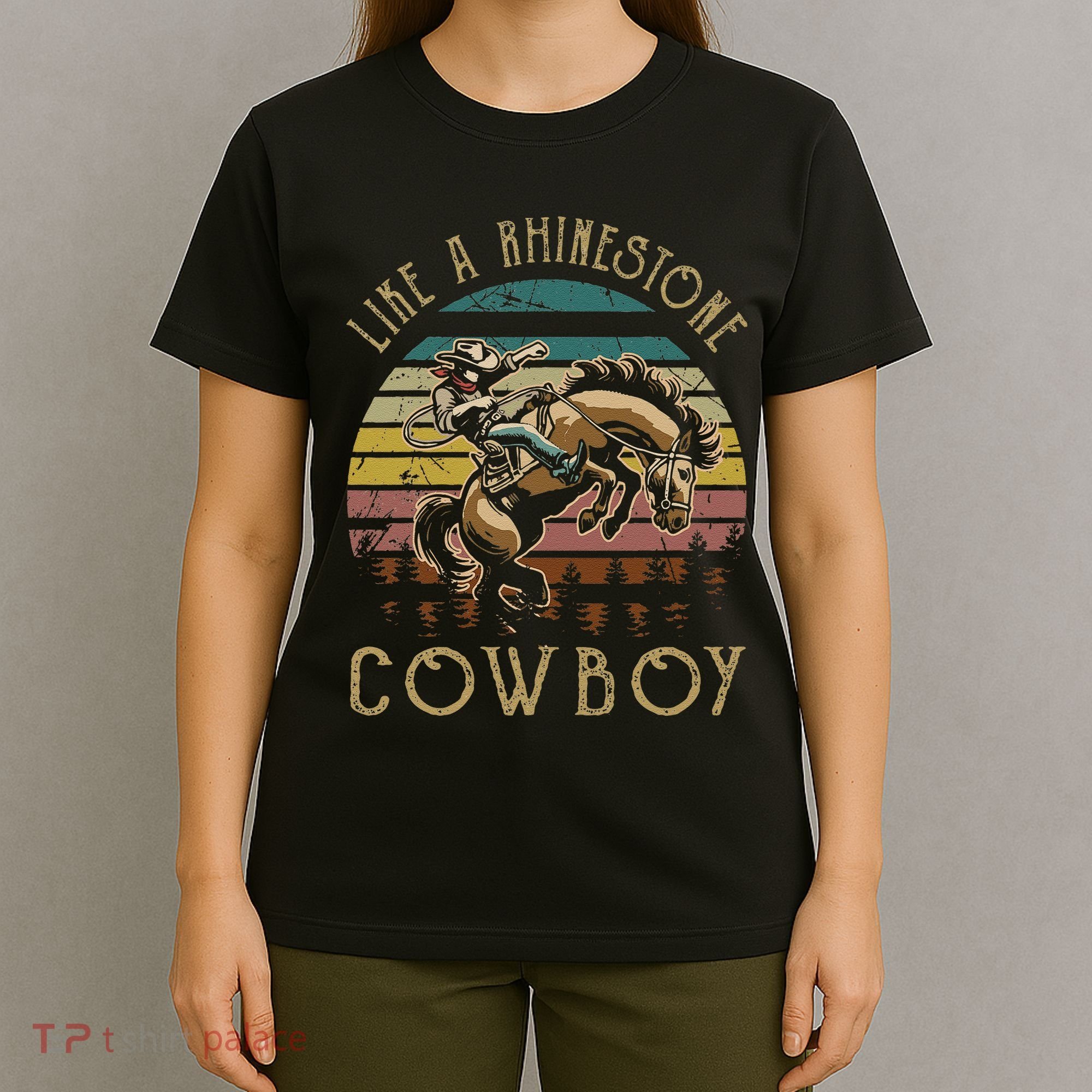 Like Rhinestones Vintage Art Western Horses Riding Cowboy Gift T-Shirt