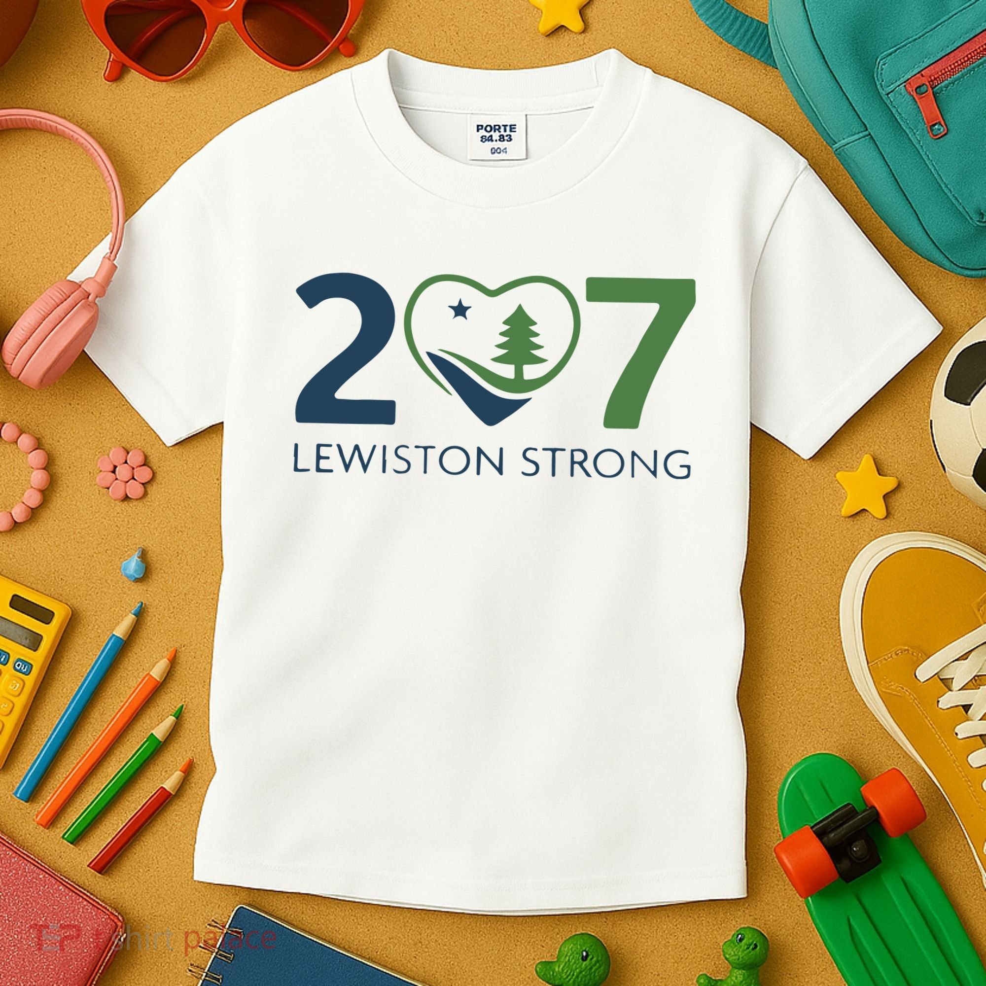Lewiston Strong 207 Fundraiser Maine Flag In Heart Kids T-Shirt