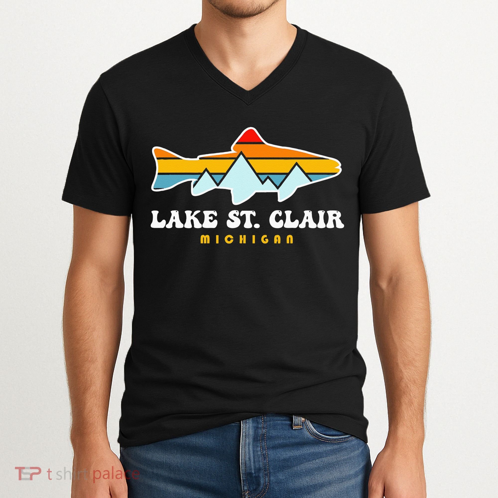 Lake St. Clair Fishing Michigan Fish V-Neck T-Shirt