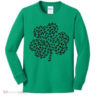 Leopard Shamrock Cute Lucky Clover St Patrick's Day Irish Kids Long Sleeve Shirt