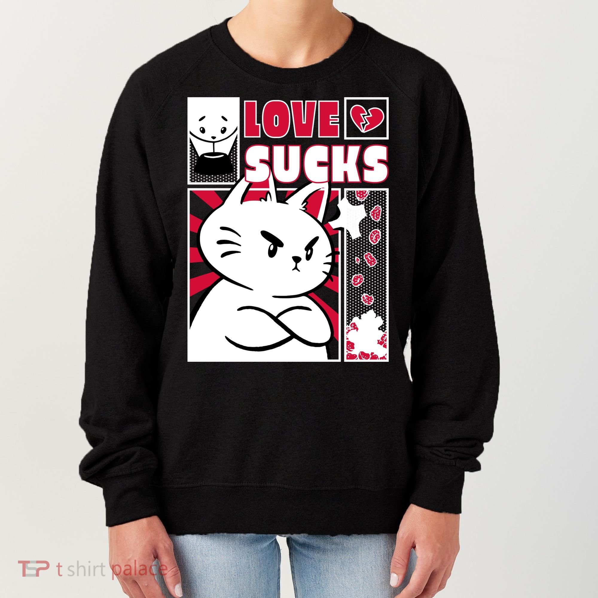 Love Sucks Funny Valentine's Day Angry Cat Meow Women's Sweatshirt