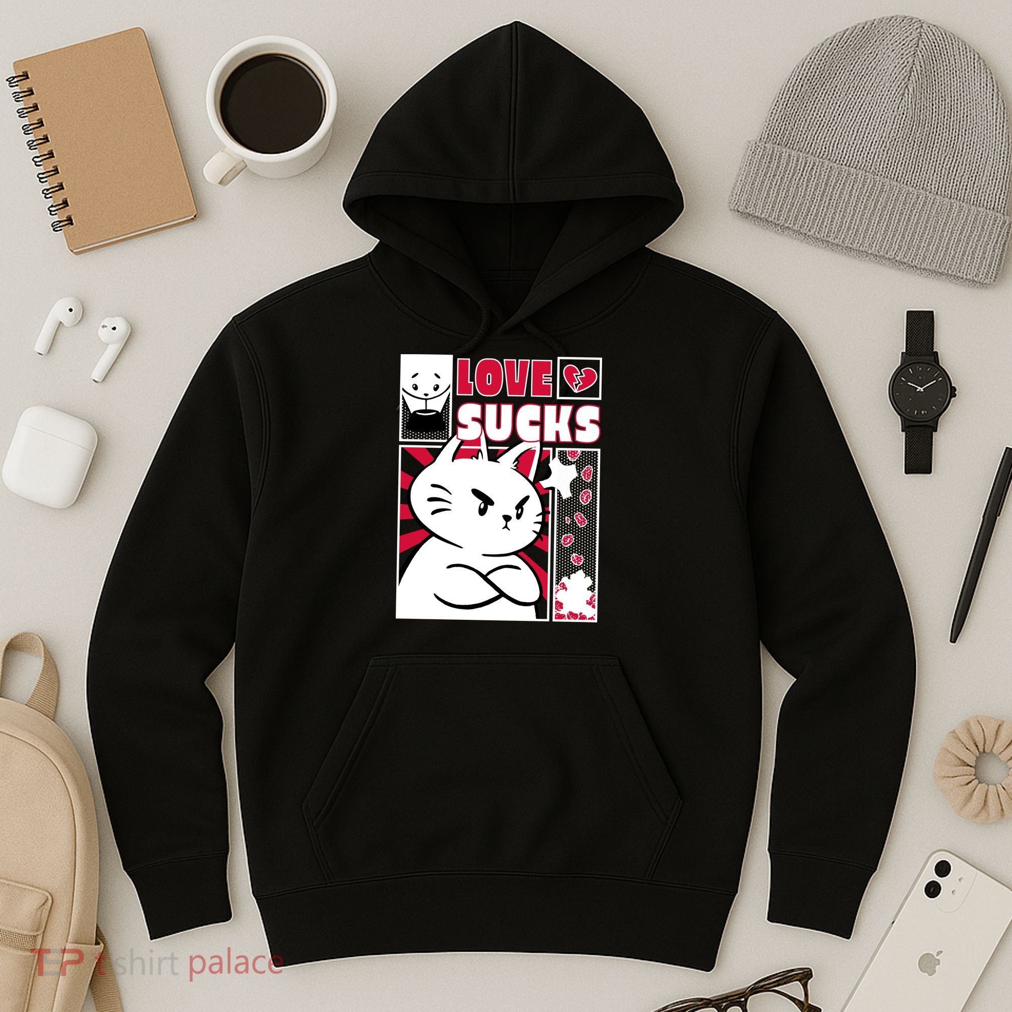 Love Sucks Funny Valentine's Day Angry Cat Meow Hoodie
