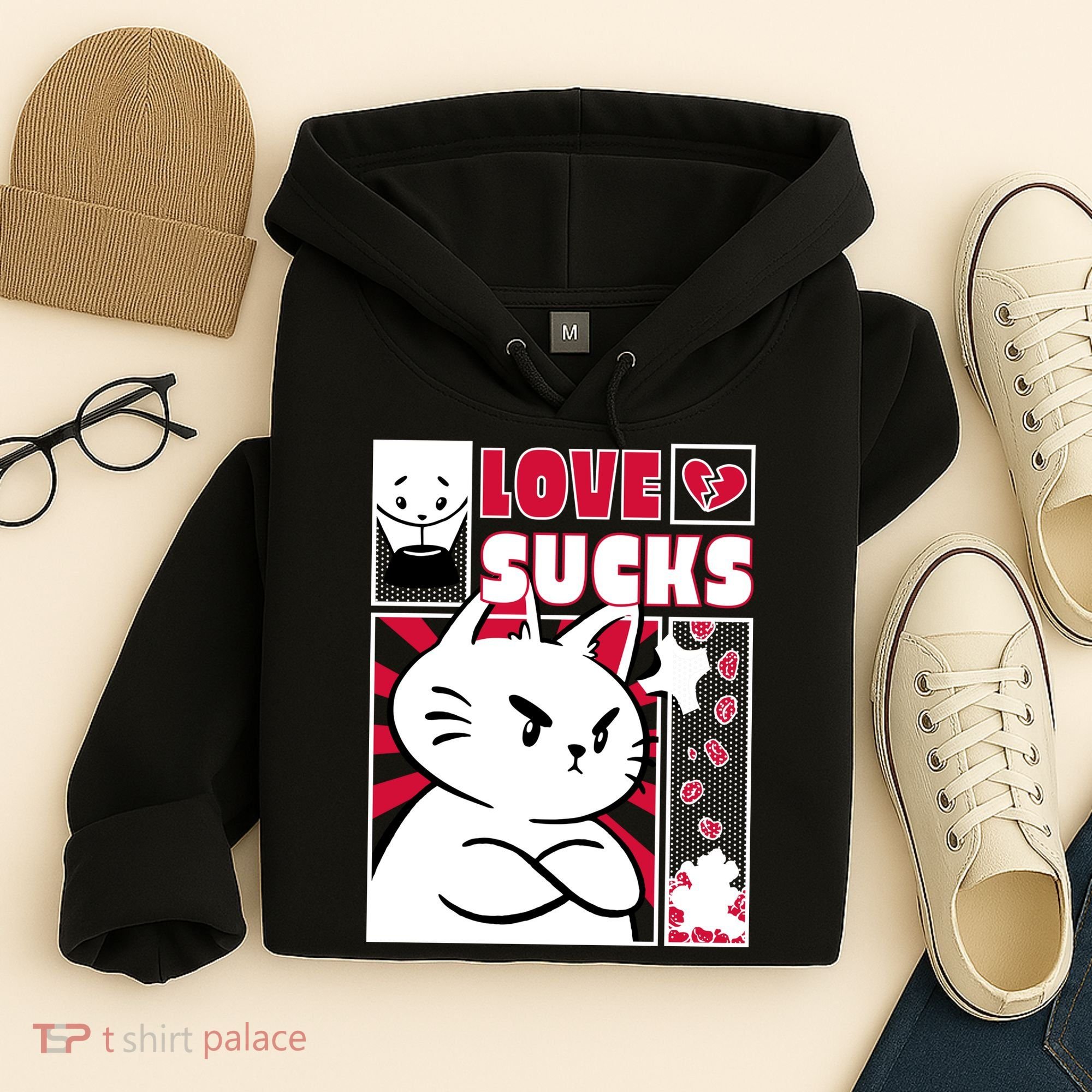 Love Sucks Funny Valentine's Day Angry Cat Meow Hoodie
