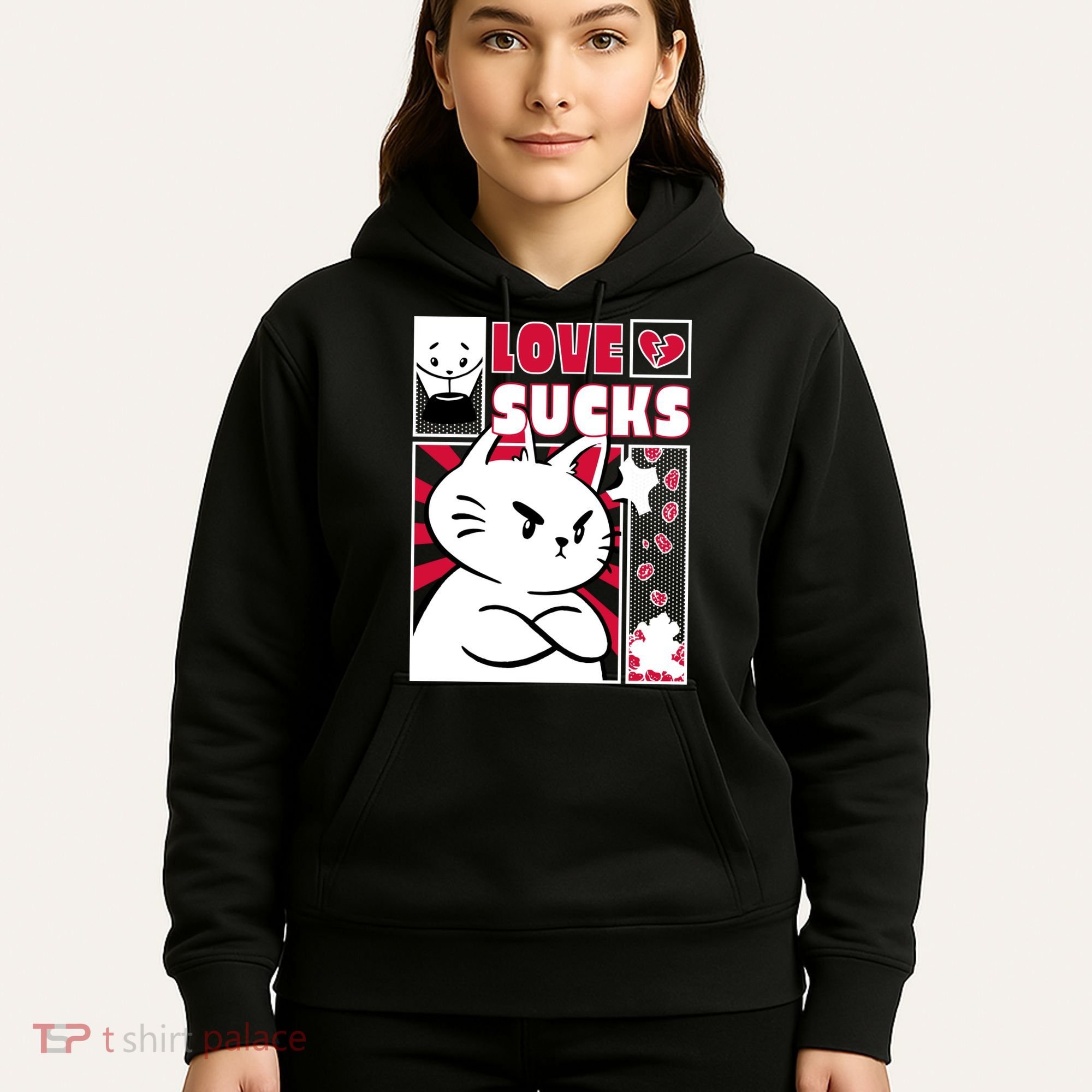 Love Sucks Funny Valentine's Day Angry Cat Meow Hoodie