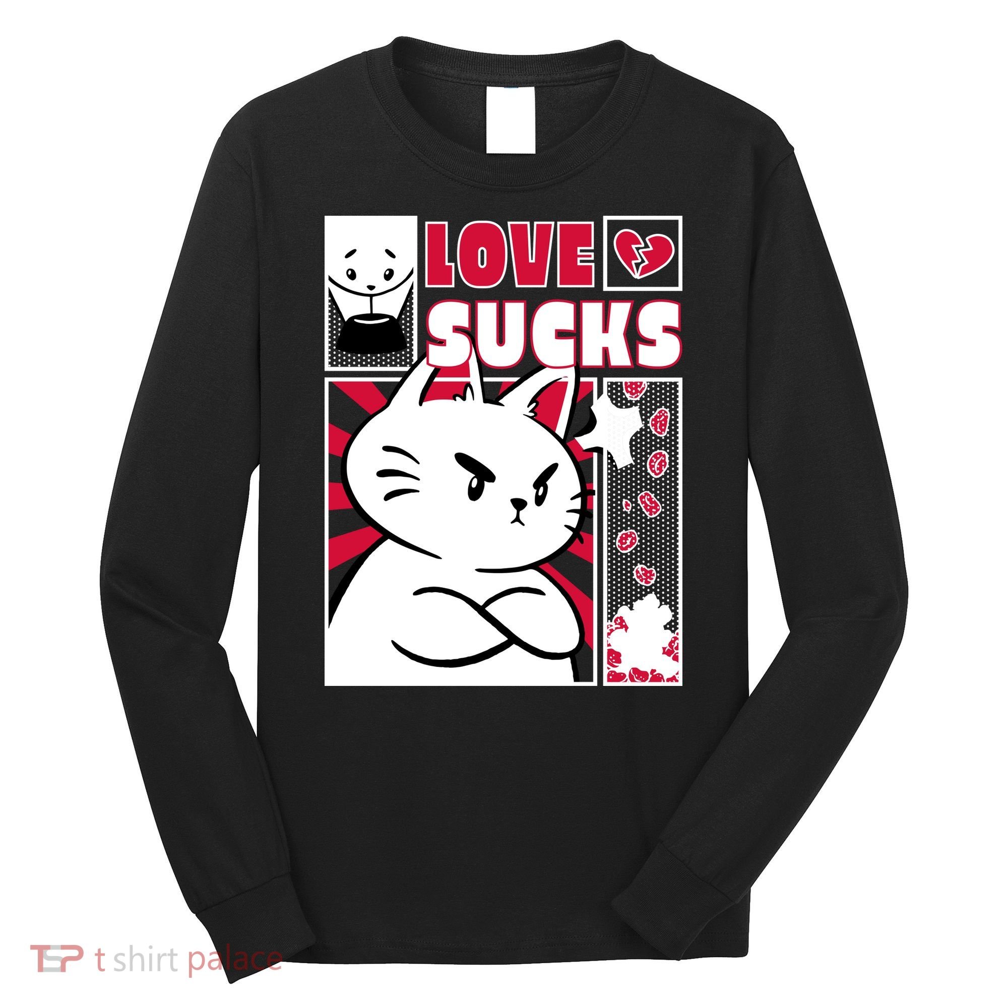 Love Sucks Funny Valentine's Day Angry Cat Meow Long Sleeve Shirt