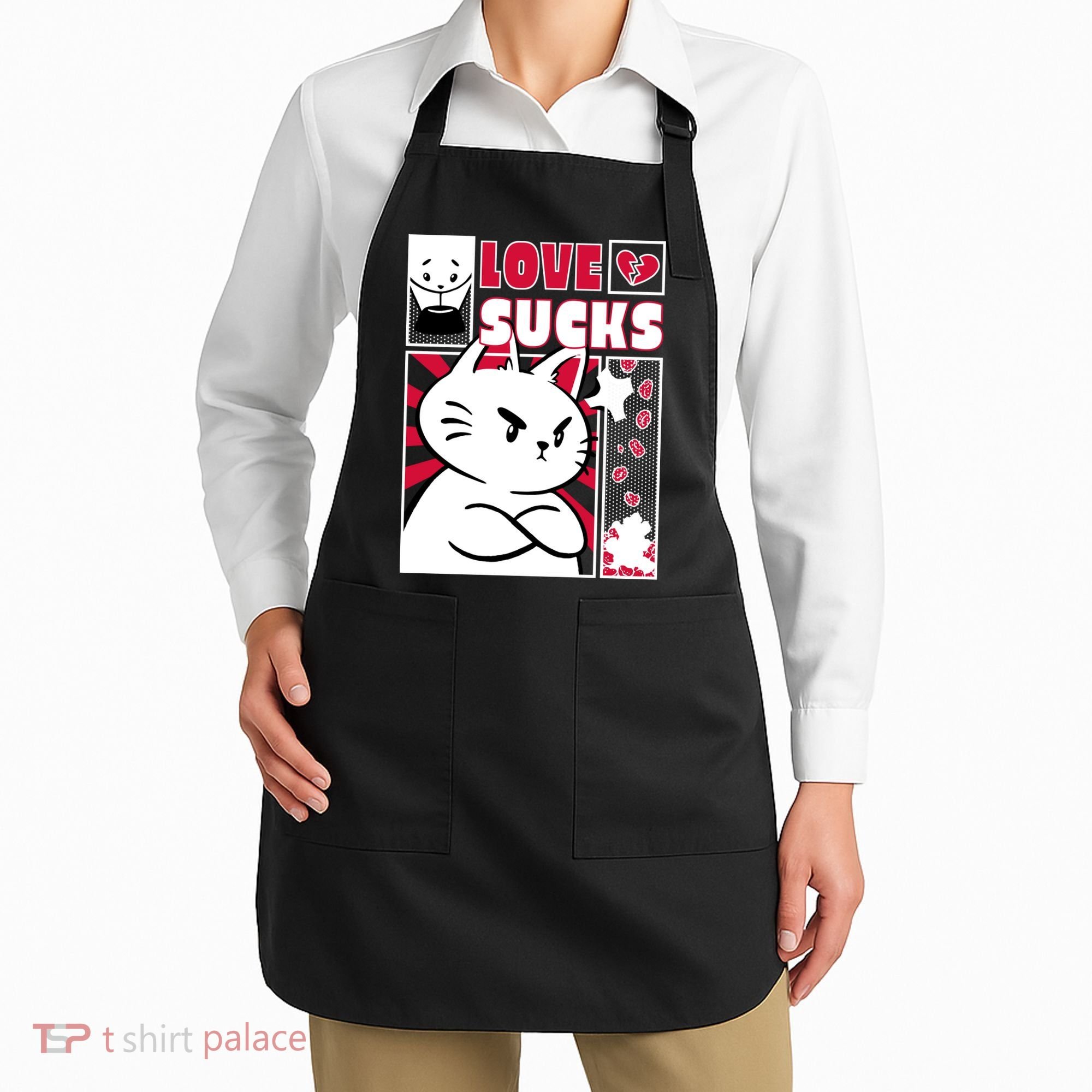 Love Sucks Funny Valentine's Day Angry Cat Meow Apron
