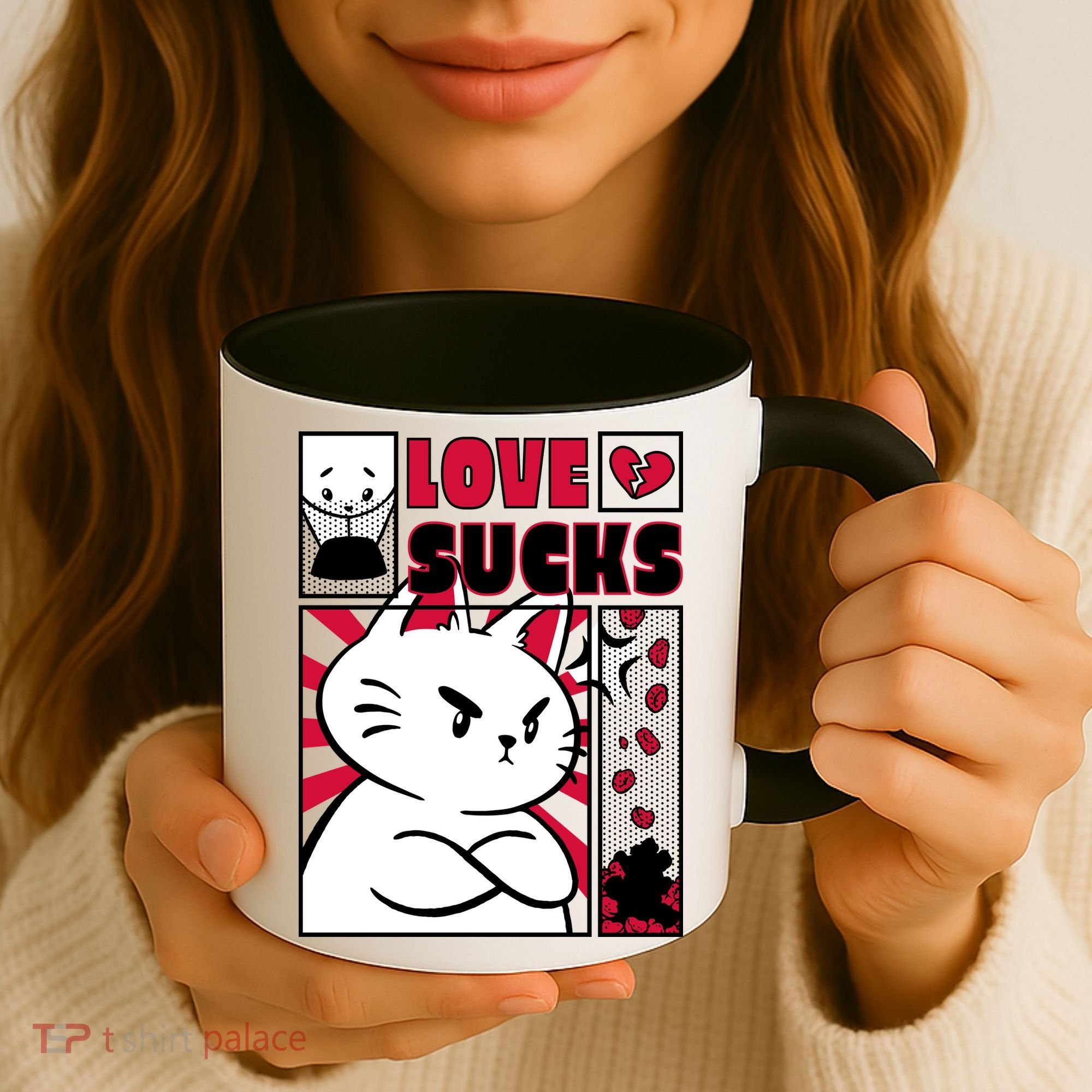 Love Sucks Funny Valentine's Day Angry Cat Meow Coffee Mug
