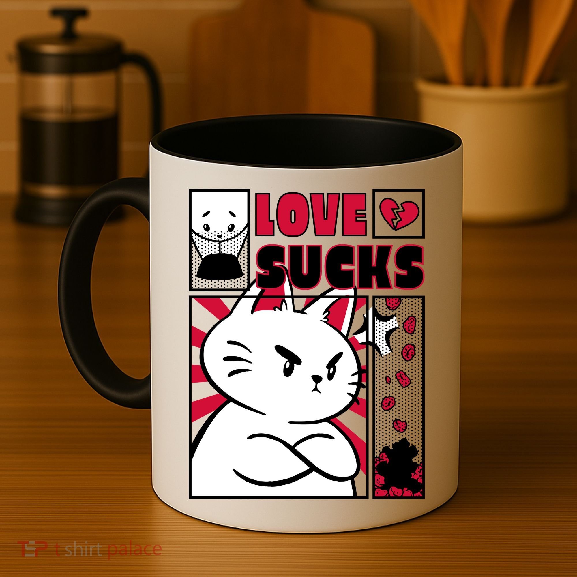 Love Sucks Funny Valentine's Day Angry Cat Meow Coffee Mug