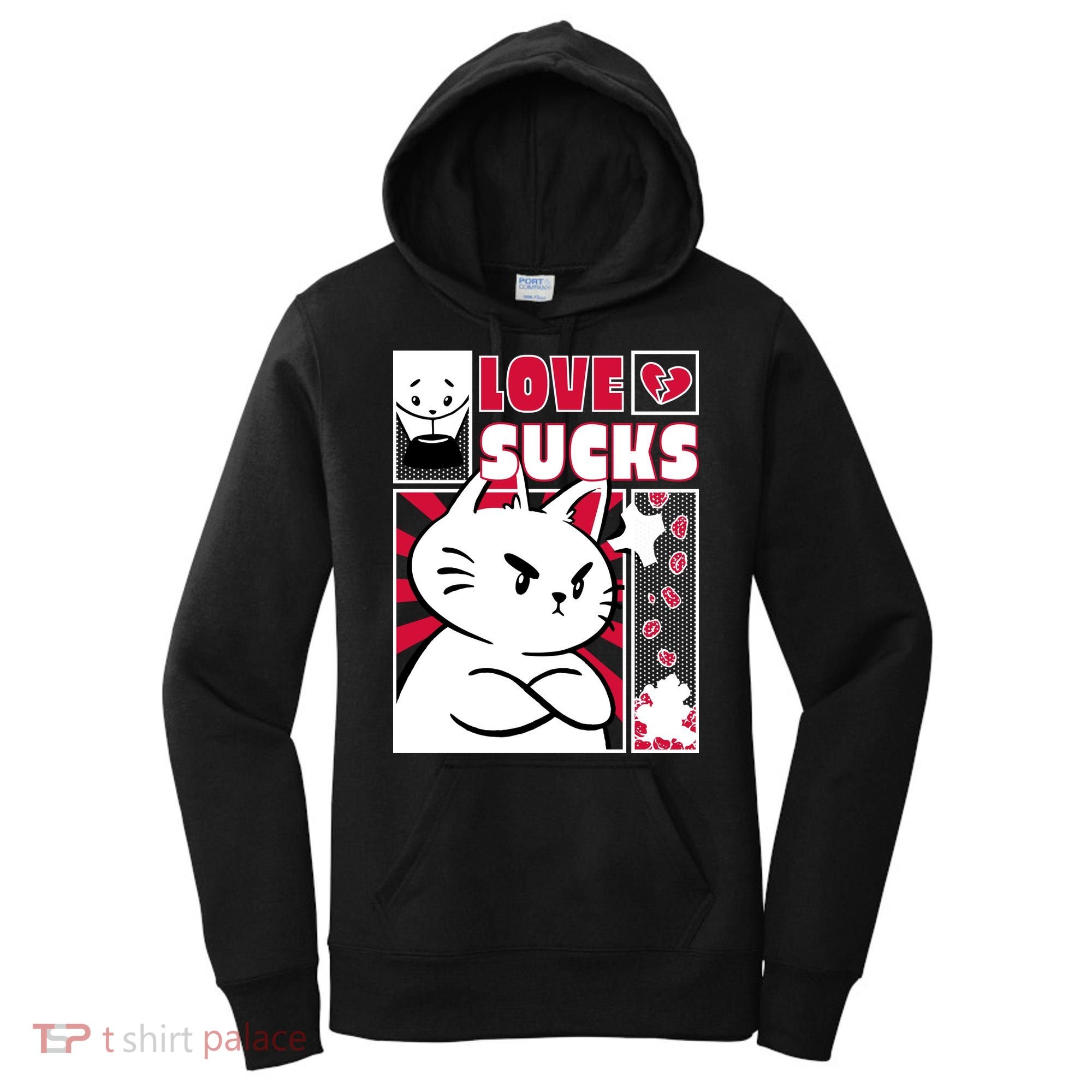 Love Sucks Funny Valentine's Day Angry Cat Meow Women's Hoodie