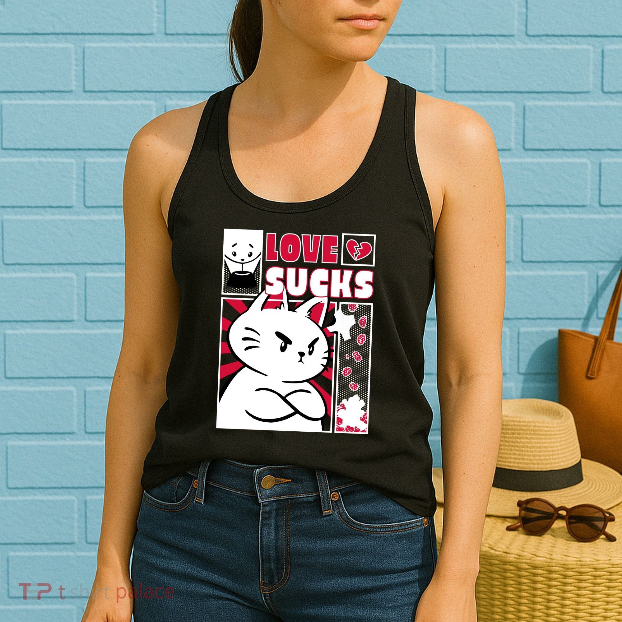 Love Sucks Funny Valentine's Day Angry Cat Meow Women's Tank Top