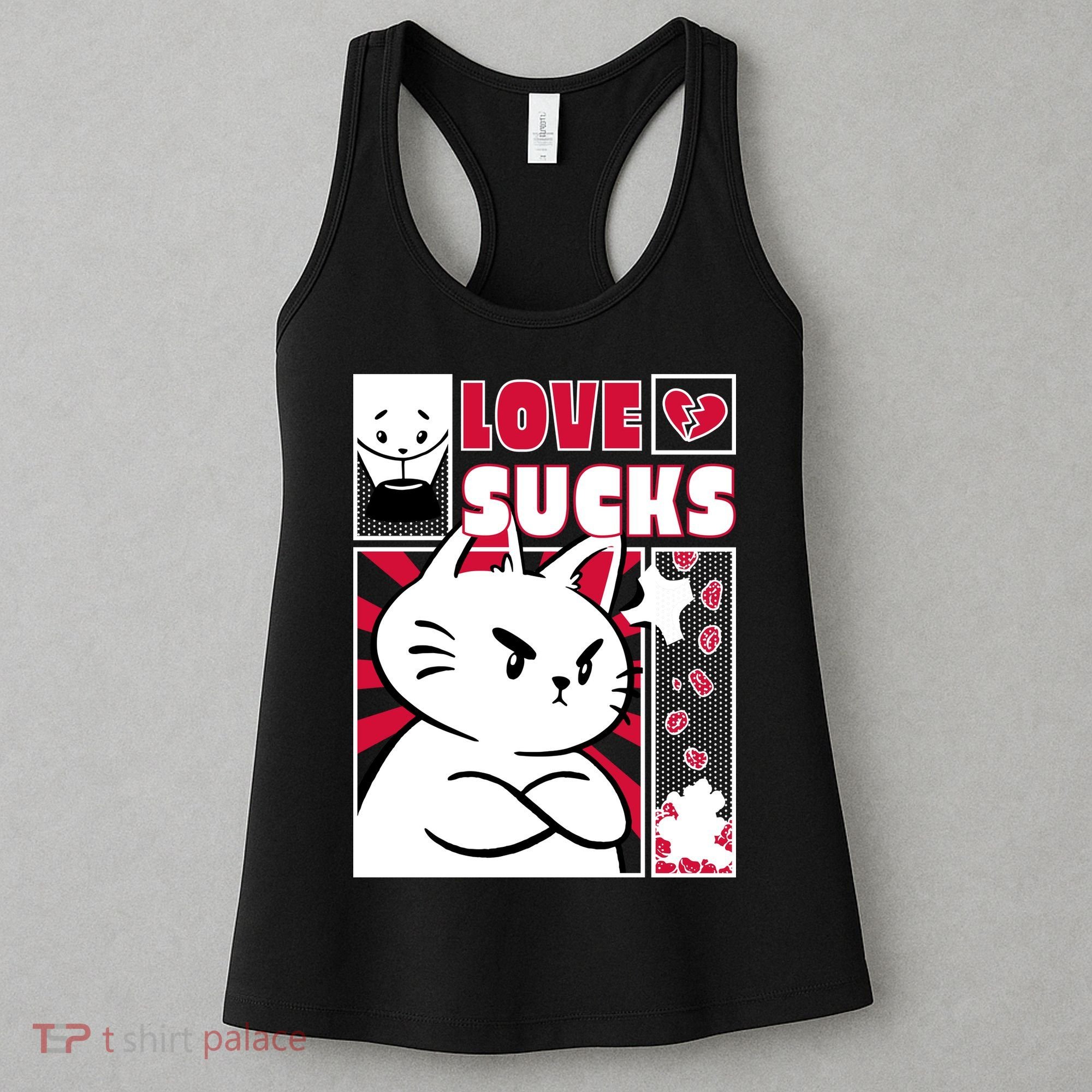 Love Sucks Funny Valentine's Day Angry Cat Meow Women's Tank Top