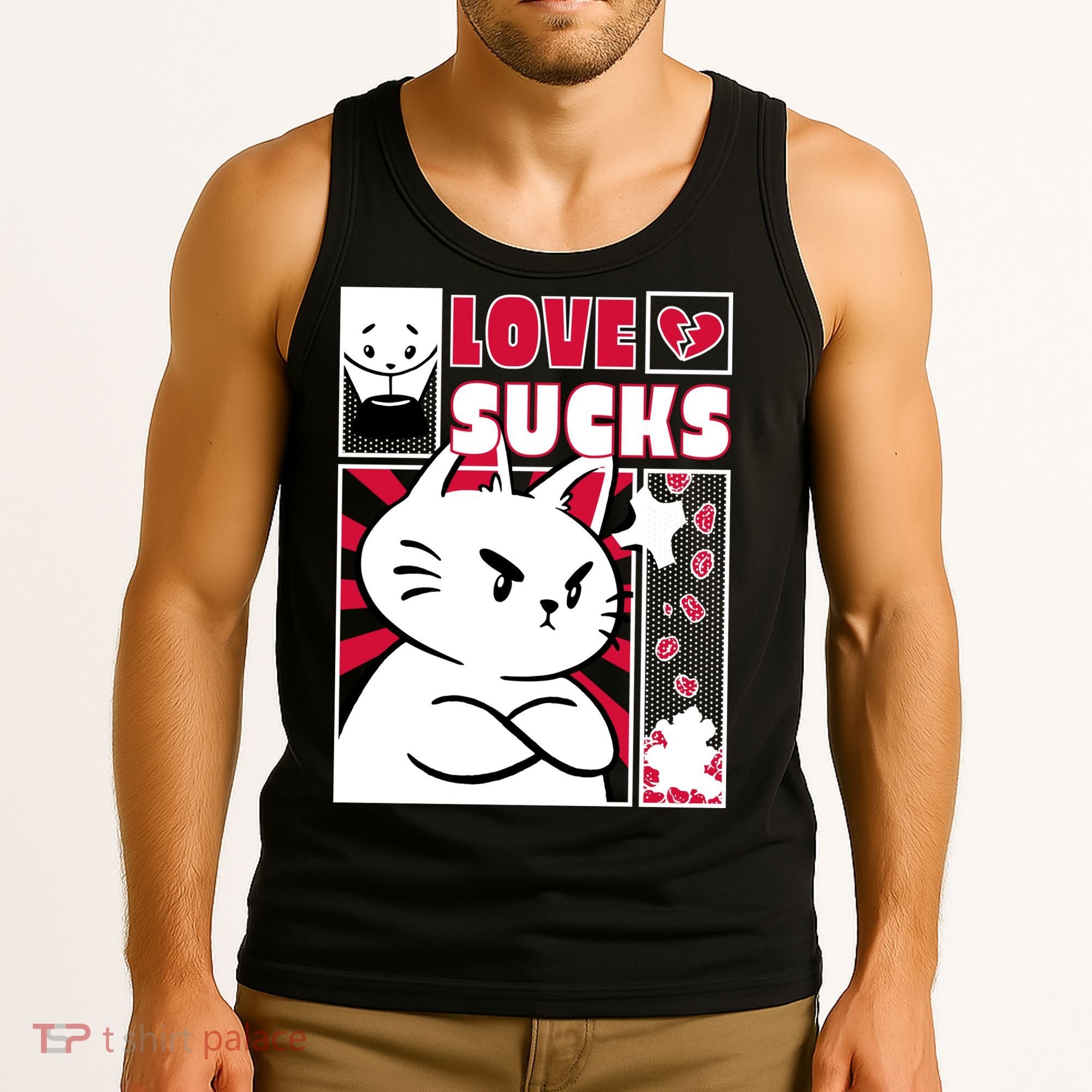 Love Sucks Funny Valentine's Day Angry Cat Meow Tank Top