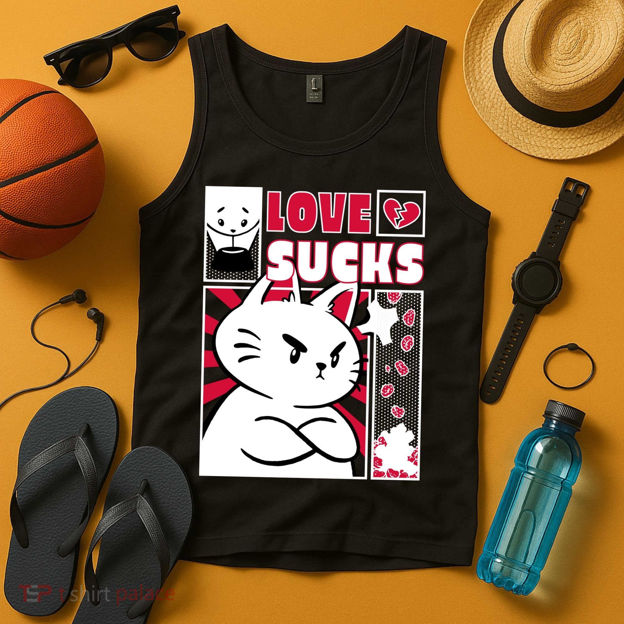 Love Sucks Funny Valentine's Day Angry Cat Meow Tank Top