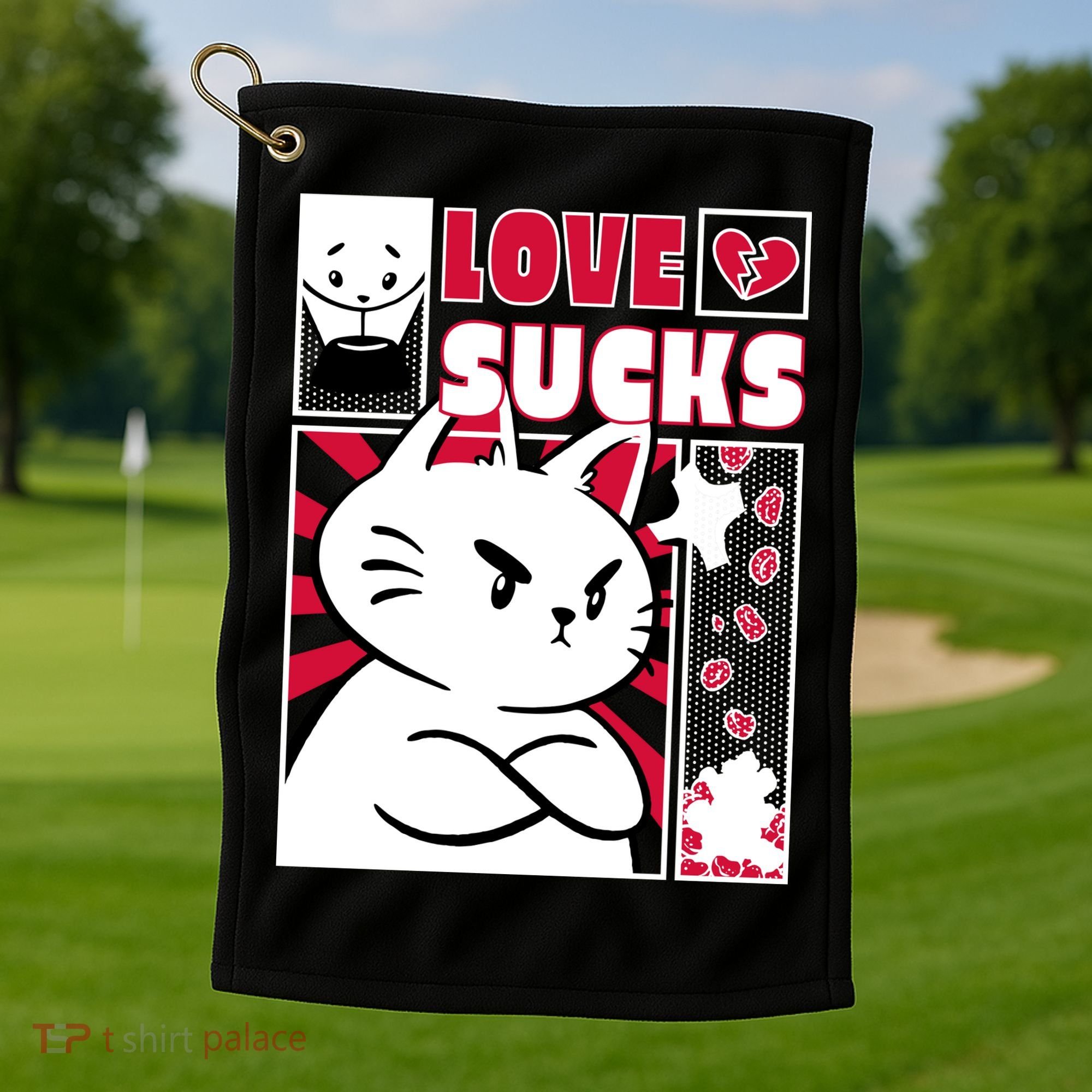 Love Sucks Funny Valentine's Day Angry Cat Meow Golf Towel