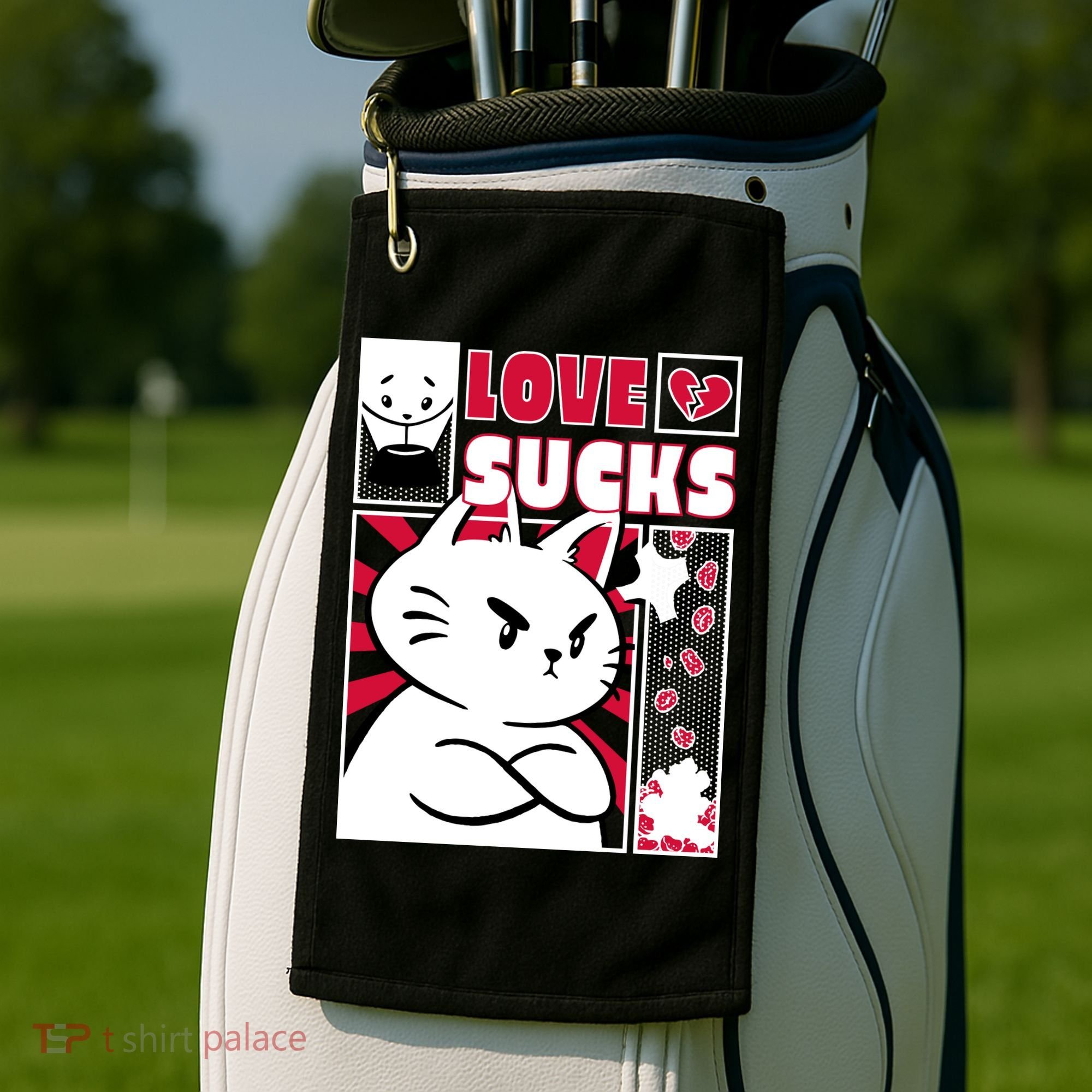 Love Sucks Funny Valentine's Day Angry Cat Meow Golf Towel