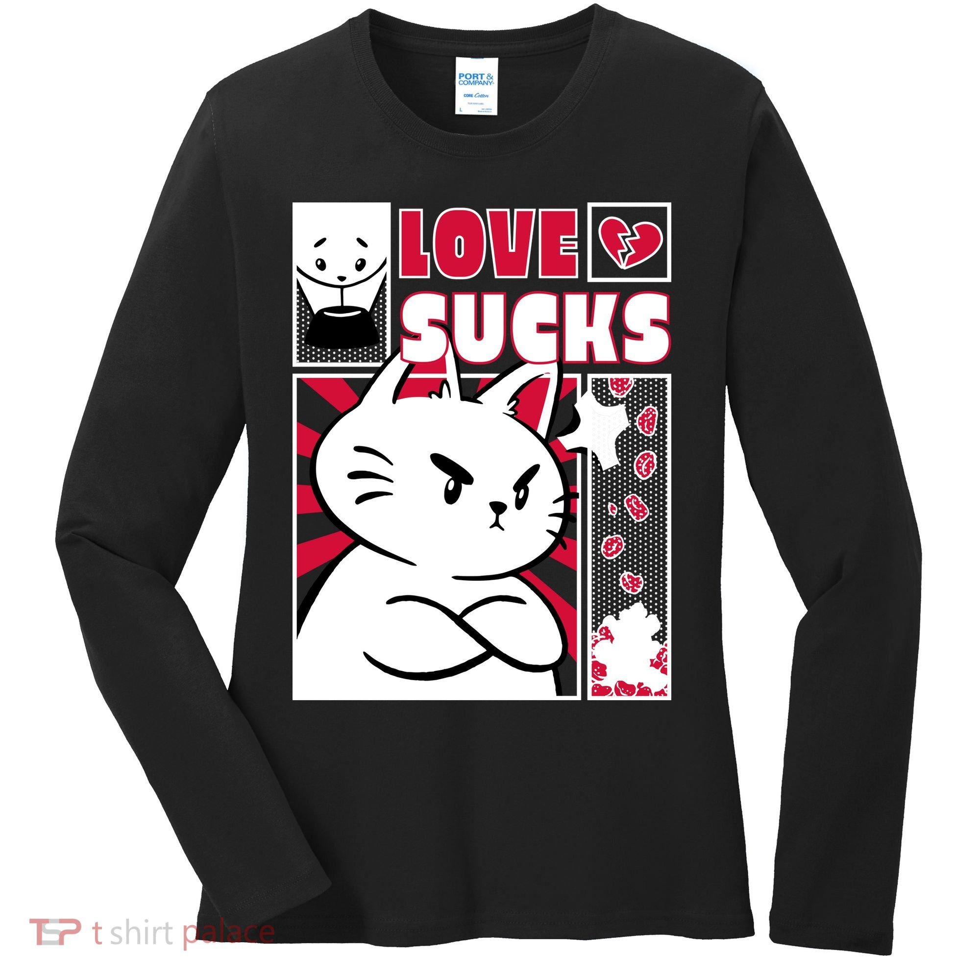 Love Sucks Funny Valentine's Day Angry Cat Meow Women's Long Sleeve Shirt