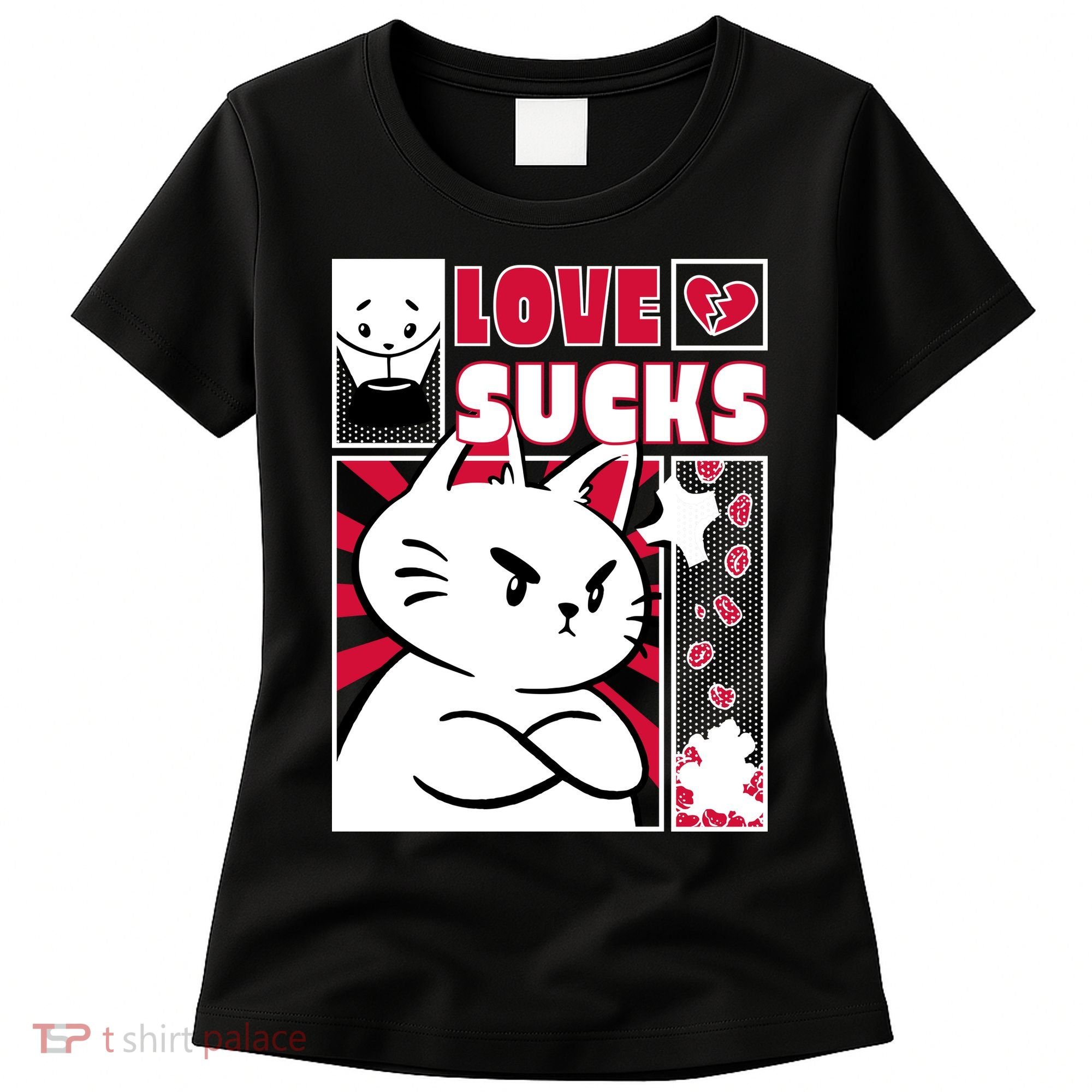 Love Sucks Funny Valentine's Day Angry Cat Meow Women's T-Shirt