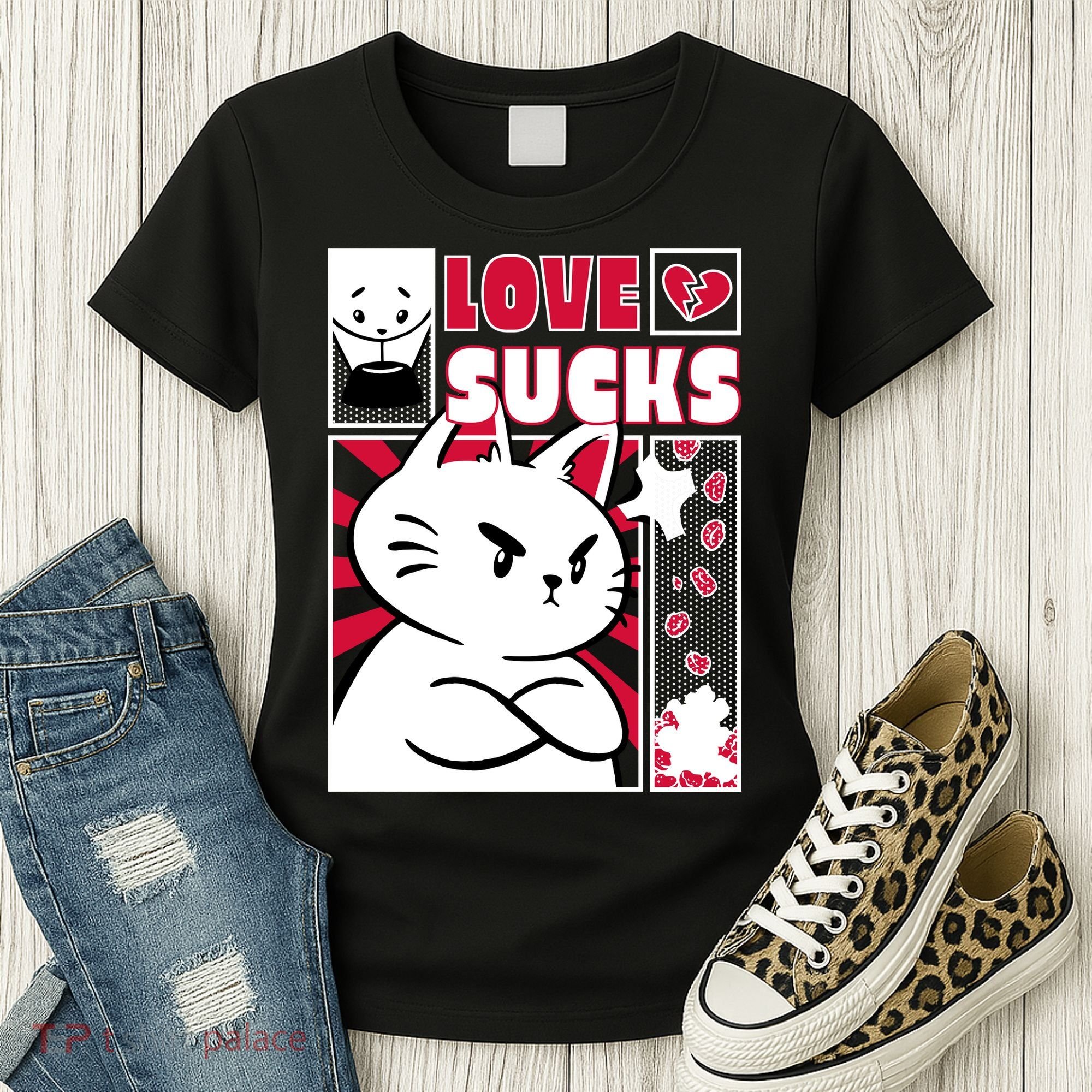 Love Sucks Funny Valentine's Day Angry Cat Meow Women's T-Shirt