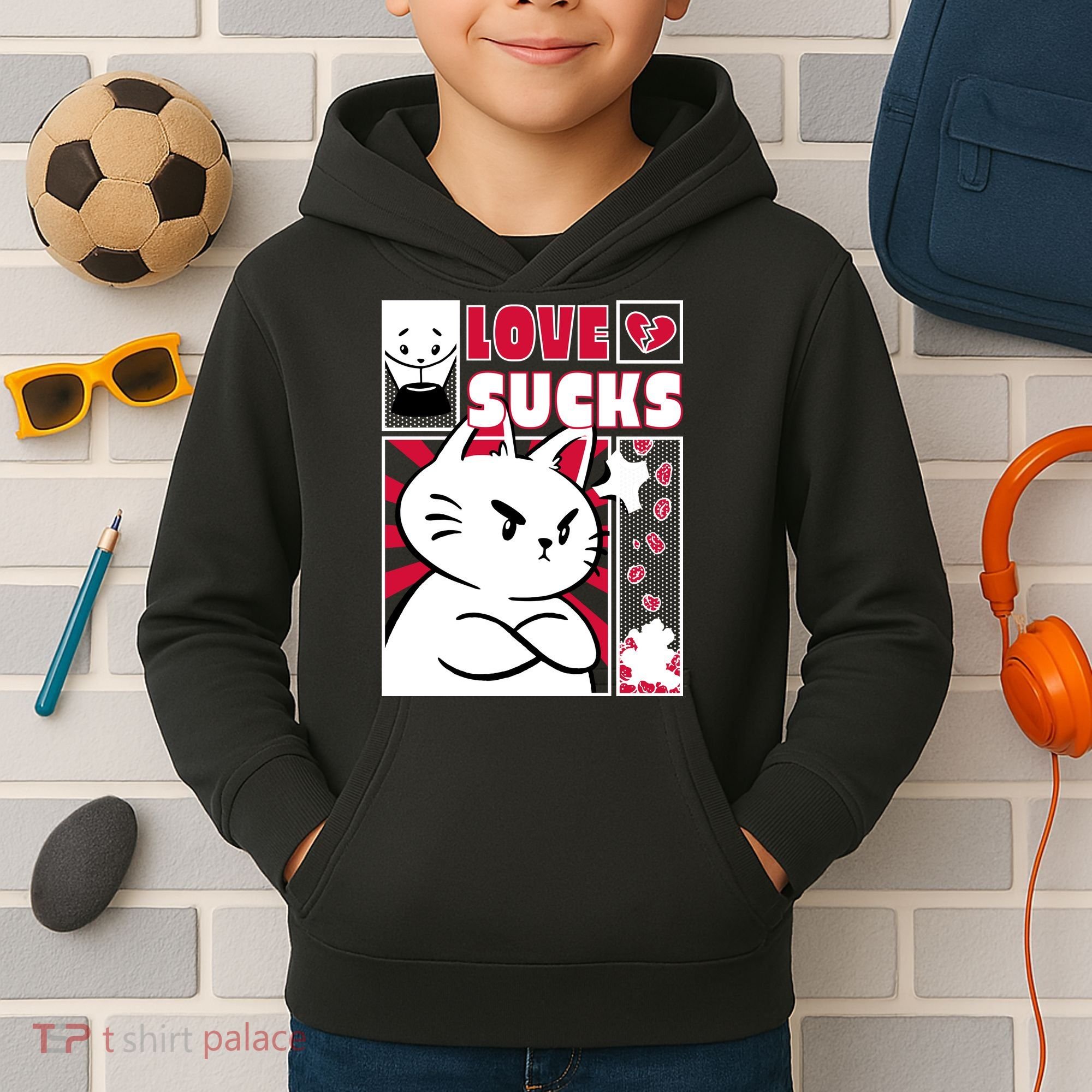 Love Sucks Funny Valentine's Day Angry Cat Meow Kids Hoodie