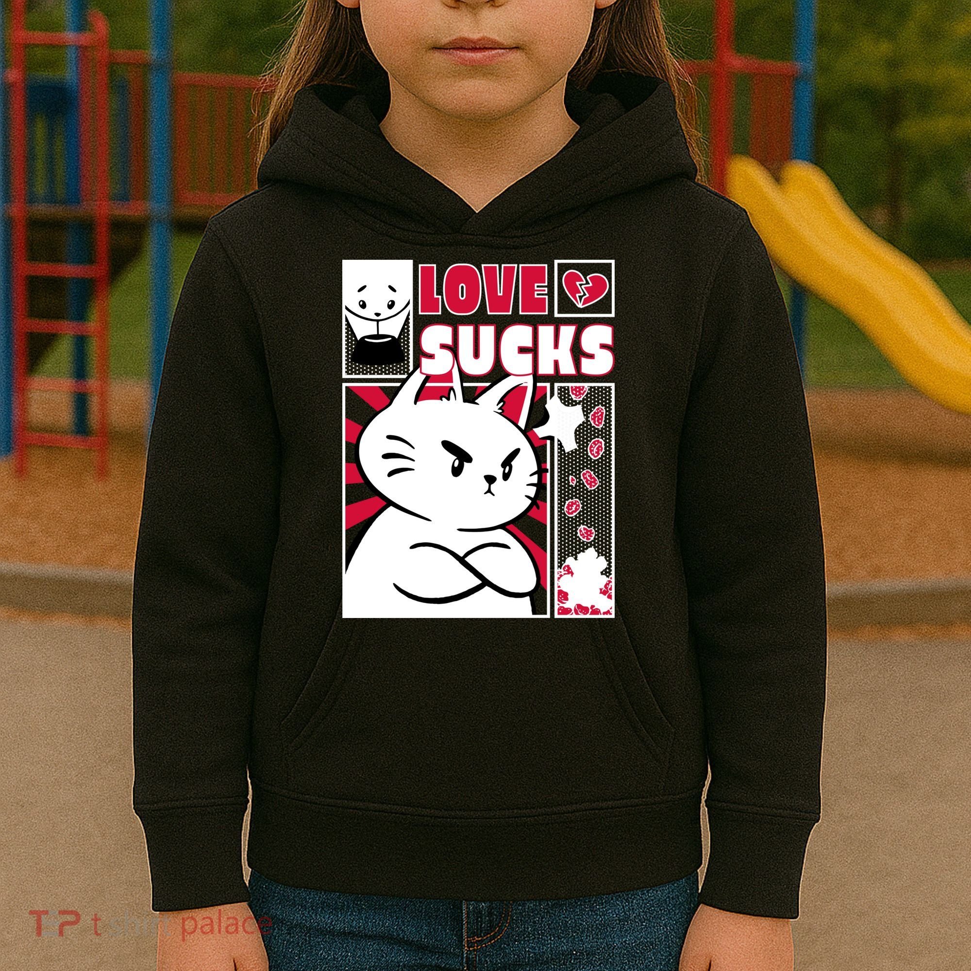 Love Sucks Funny Valentine's Day Angry Cat Meow Kids Hoodie