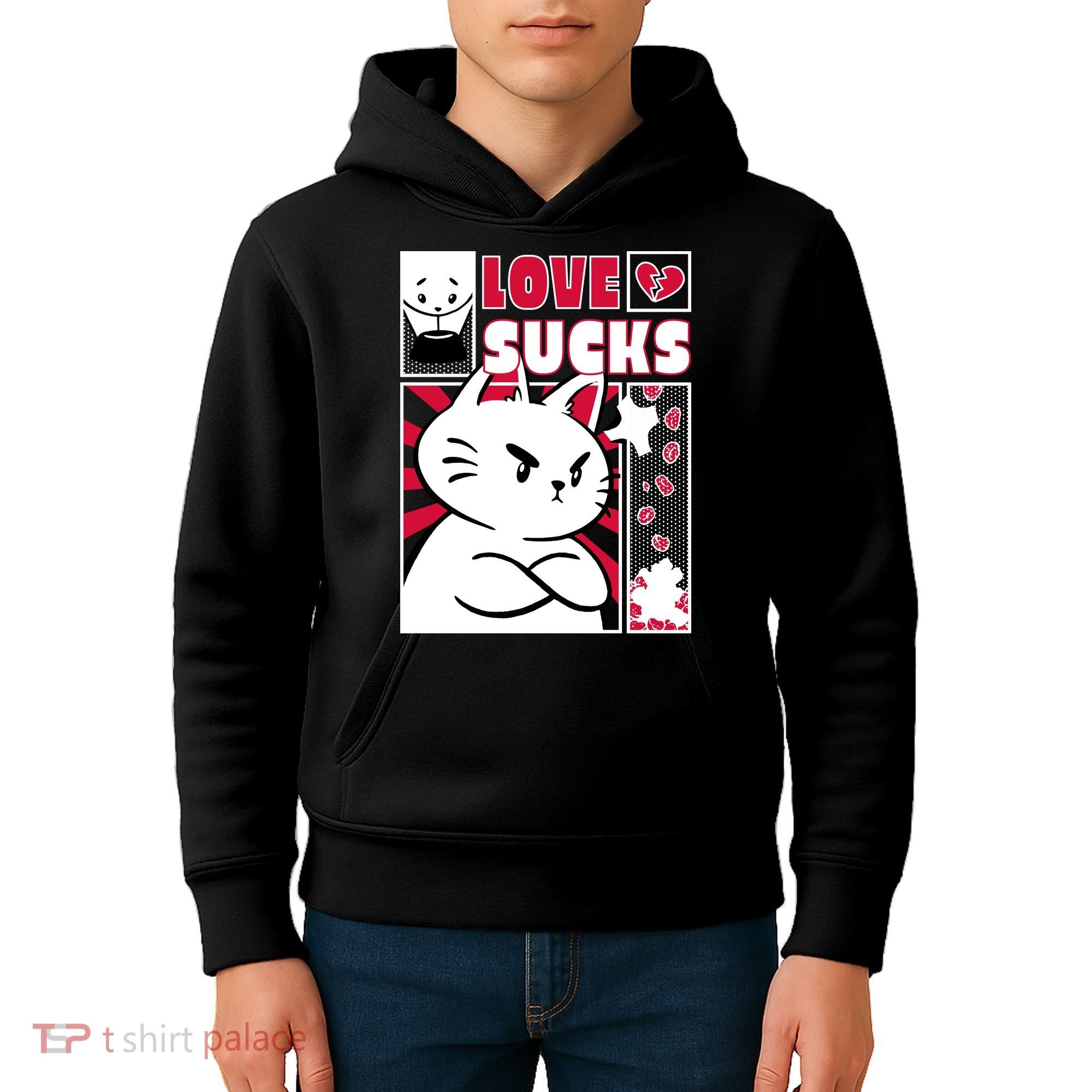 Love Sucks Funny Valentine's Day Angry Cat Meow Kids Hoodie