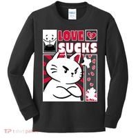 Love Sucks Funny Valentine's Day Angry Cat Meow Kids Long Sleeve Shirt thumb 0