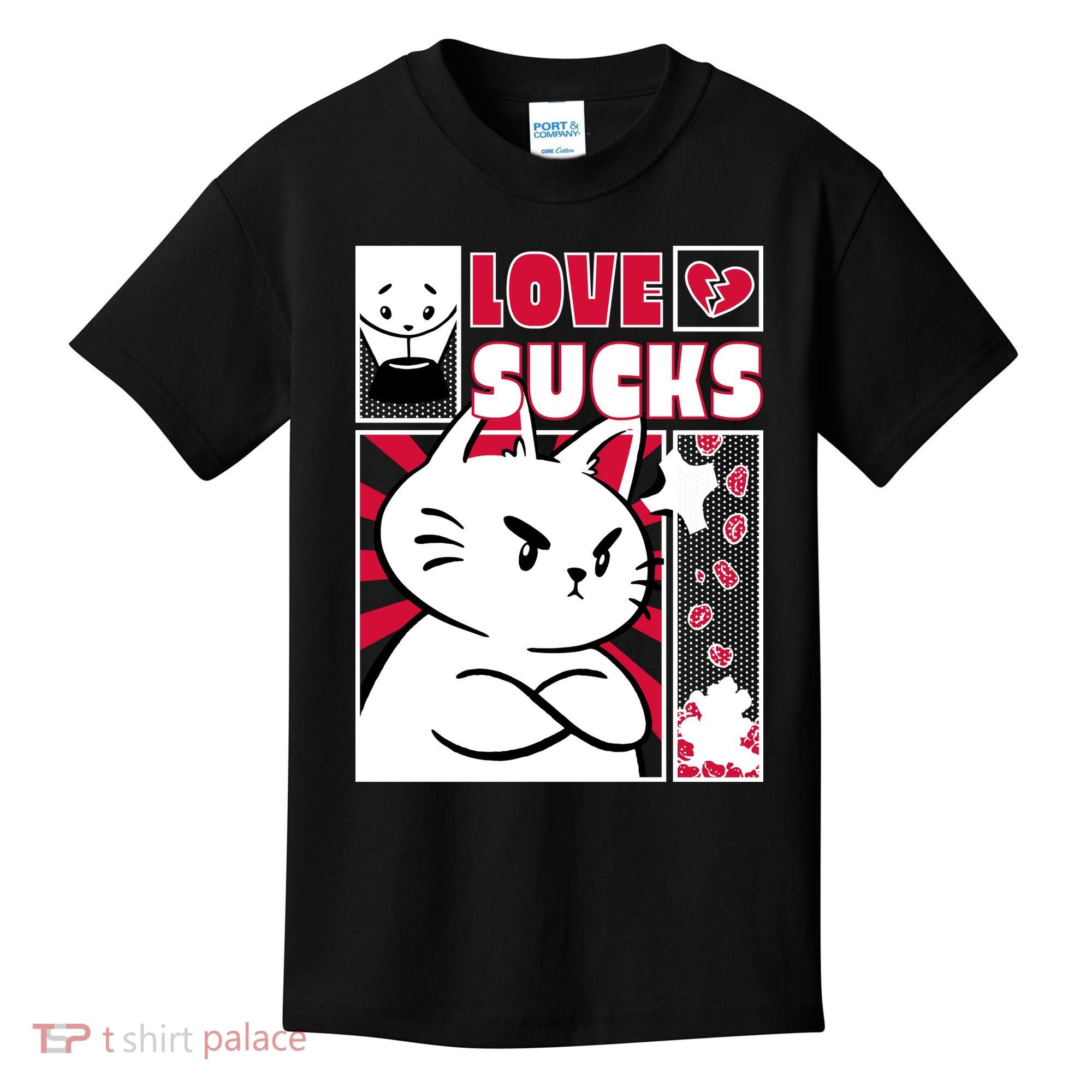 Love Sucks Funny Valentine's Day Angry Cat Meow Kids T-Shirt