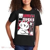 Love Sucks Funny Valentine's Day Angry Cat Meow Kids T-Shirt thumb 2