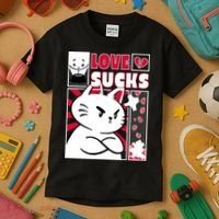 Love Sucks Funny Valentine's Day Angry Cat Meow Kids T-Shirt thumb 3