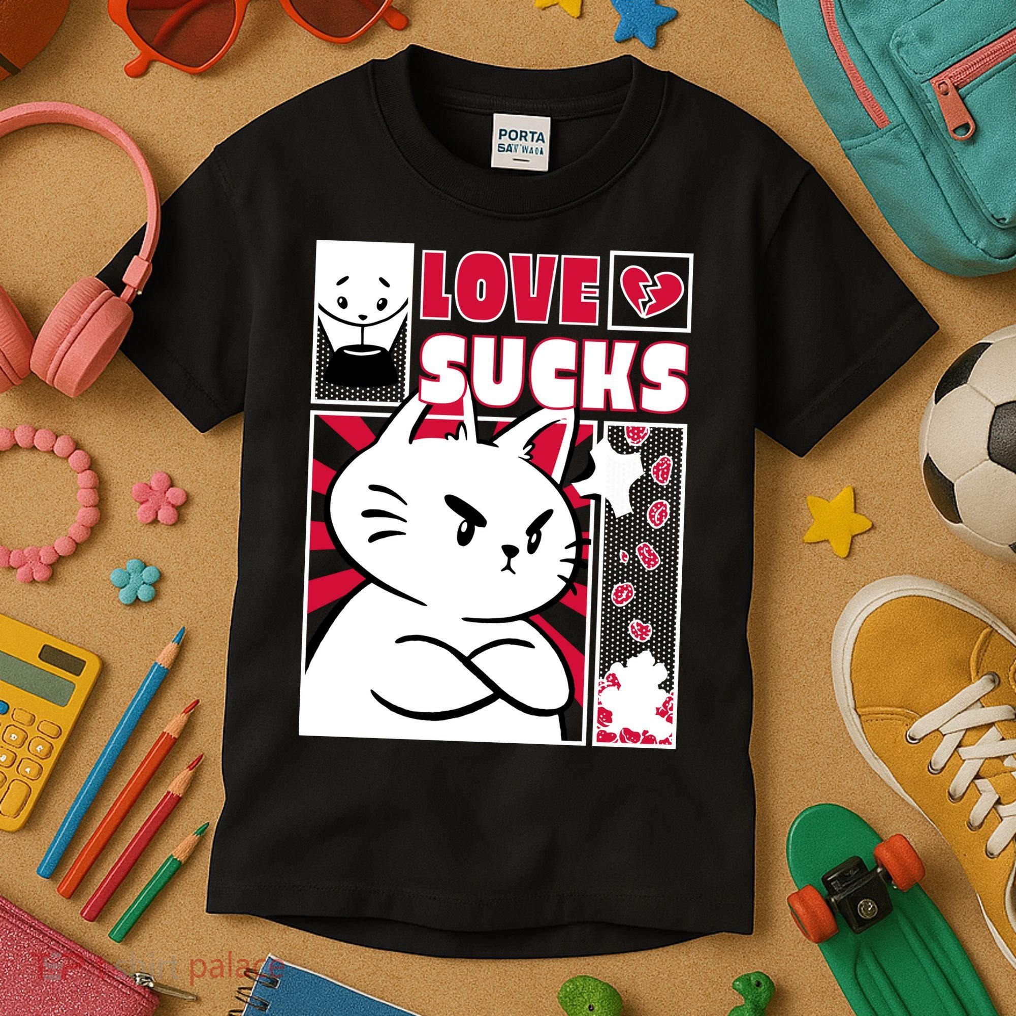 Love Sucks Funny Valentine's Day Angry Cat Meow Kids T-Shirt