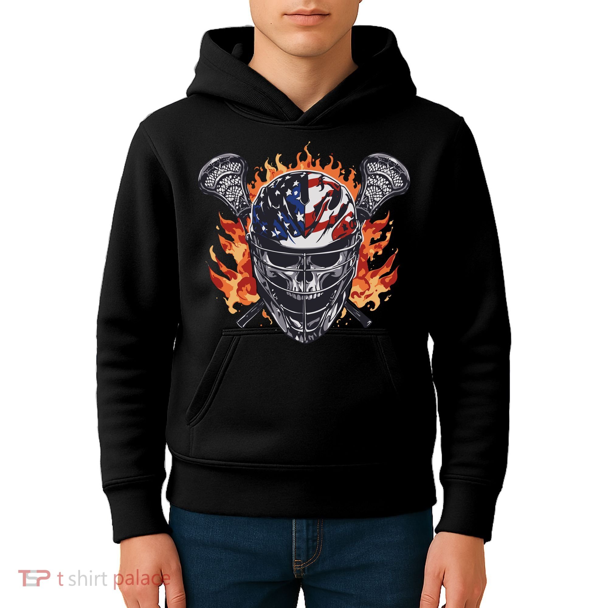 Lacrosse Skull Flames Kids Hoodie