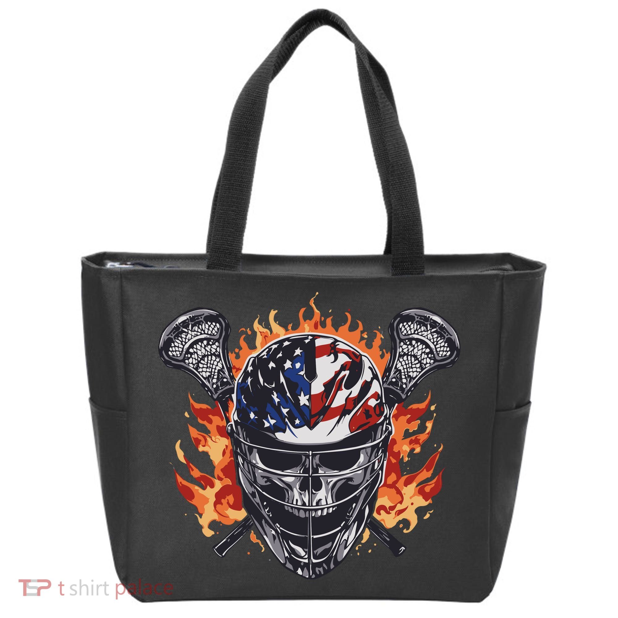 Lacrosse Skull Flames Tote Bag
