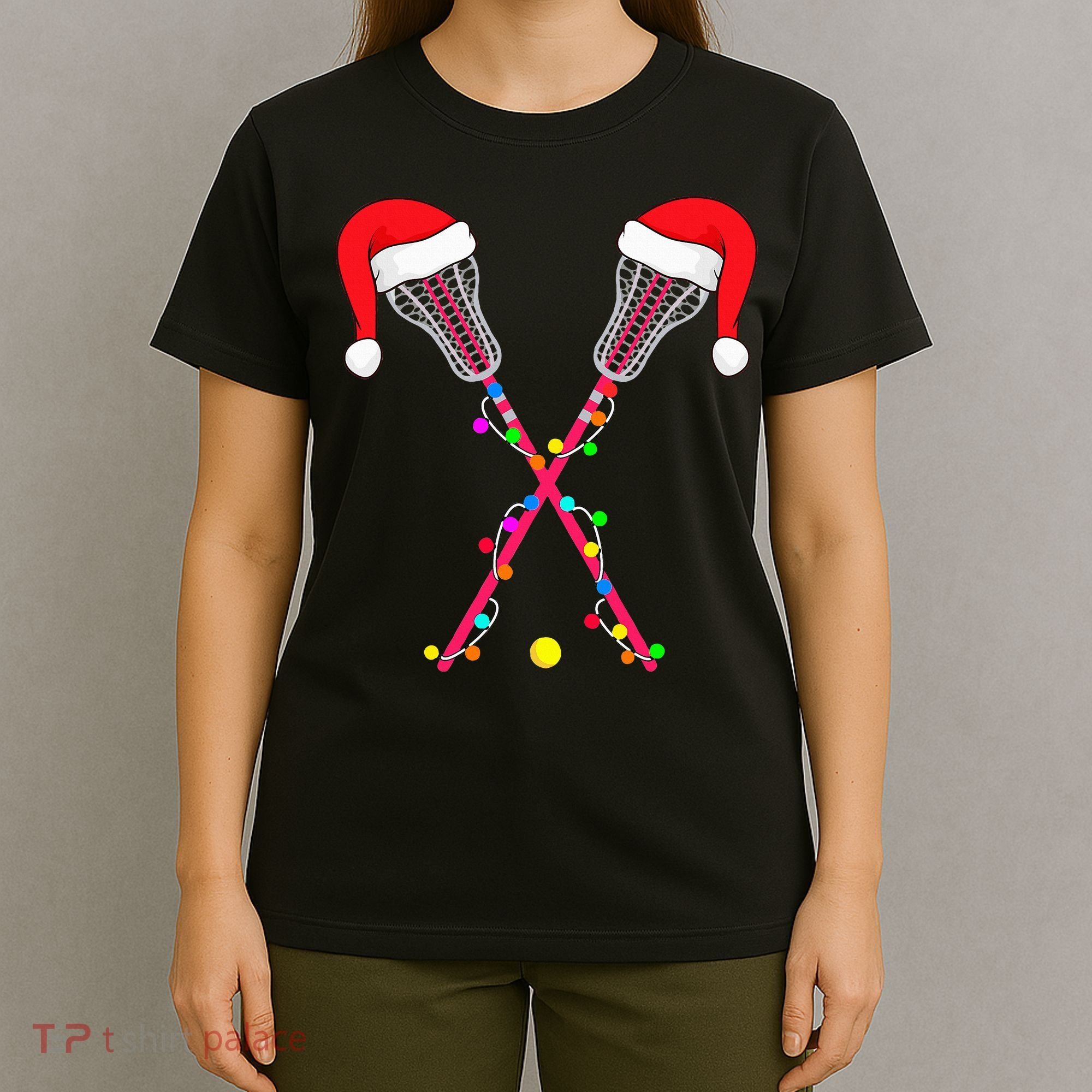 Lacrosse Santa Hat Christmas Lights Funny Sport Xmas T-Shirt