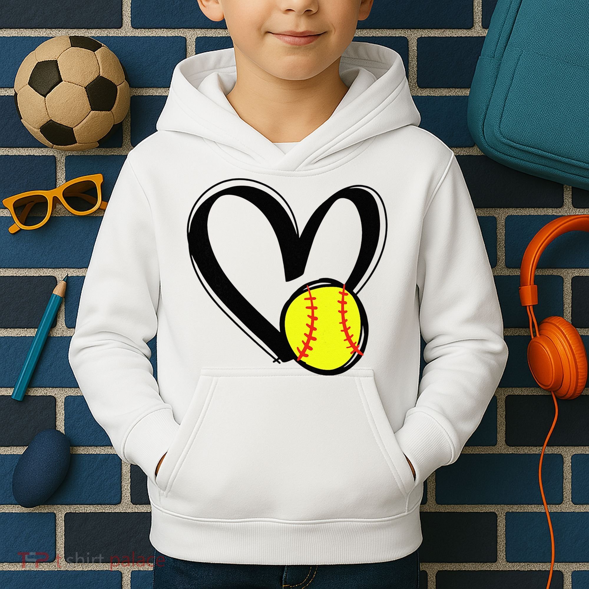 Love Softball Heart Kids Hoodie