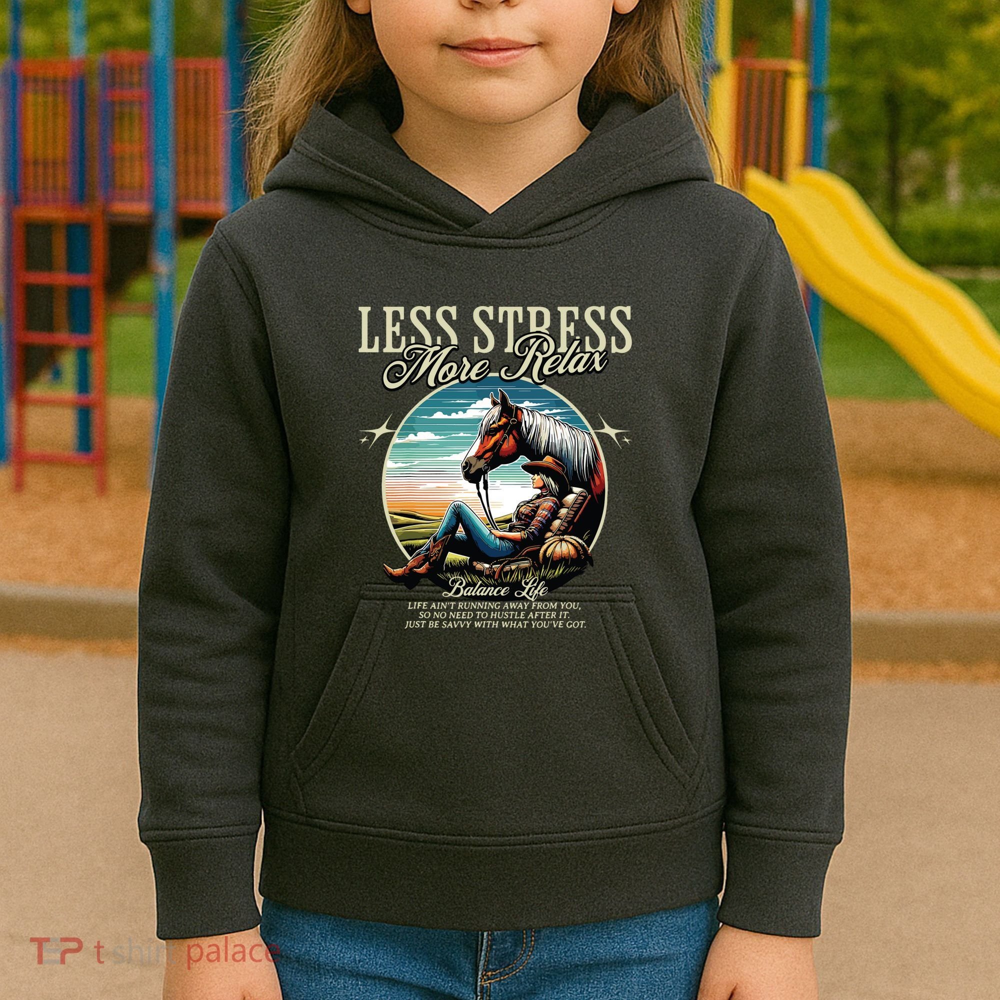 Less Stress More Relax Cowgirl Kids Hoodie