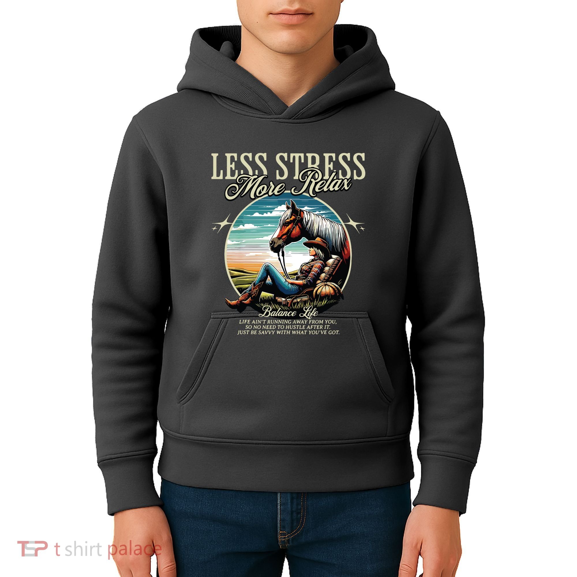 Less Stress More Relax Cowgirl Kids Hoodie